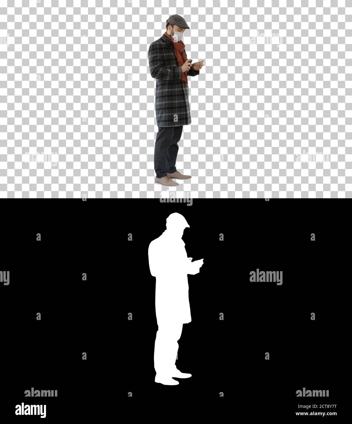 Mann in Trenchcoat in Schutzmaske mit Desinfektionsmittel für gekleidet Stockfoto