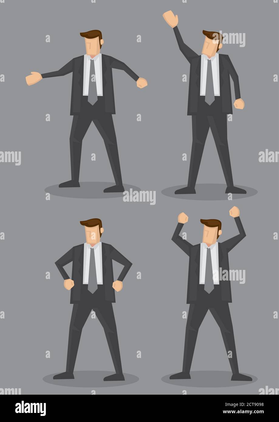 Cartoon-Charakter eines Geschäftsleiters trägt Vollanzug in verschiedenen Gesten. Vektordarstellung auf grauem Hintergrund isoliert. Stock Vektor