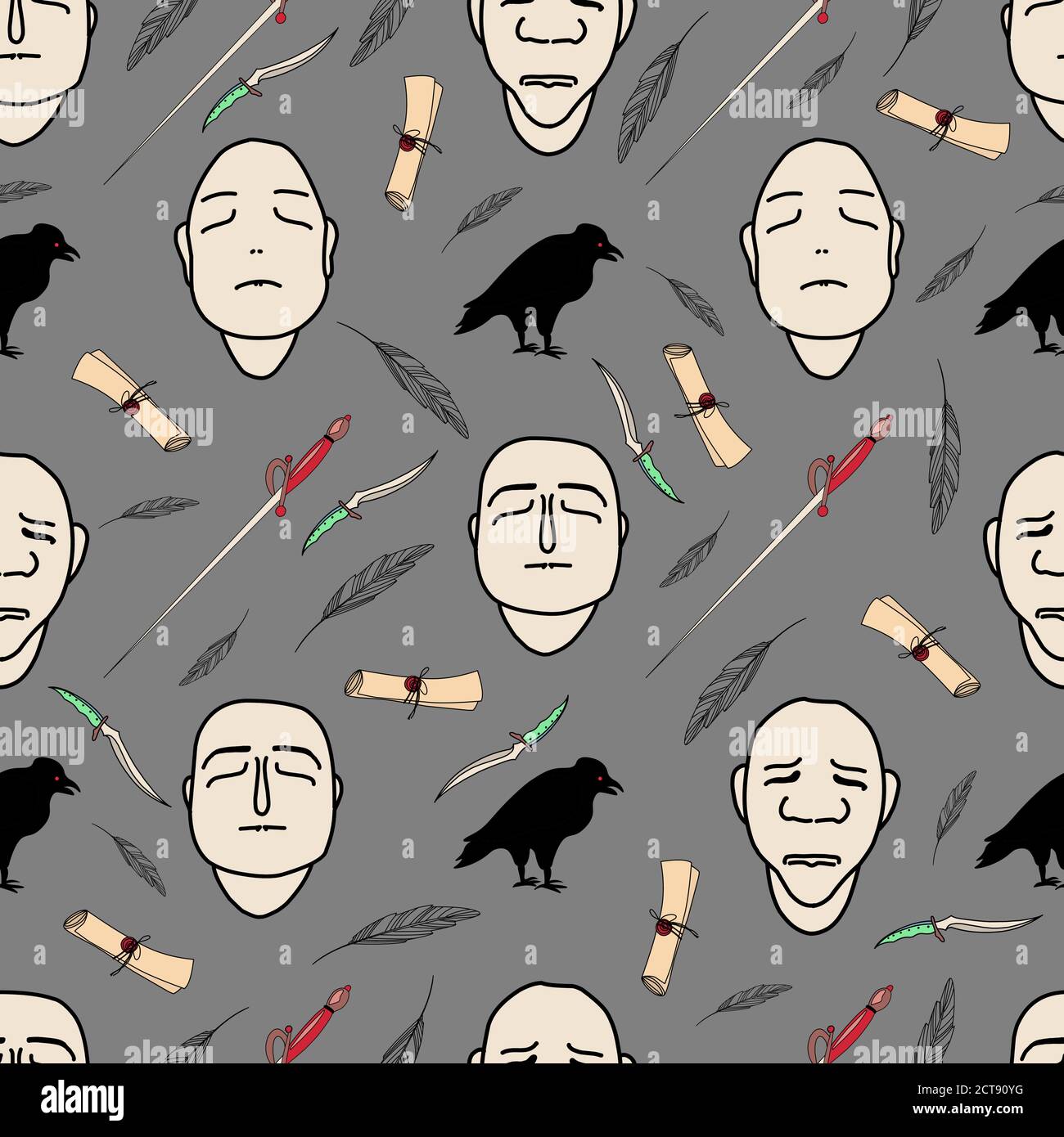 Magisches Muster mit Gesichtern, Scroll und schwarzem Raben. vektor-Illustration. halloween-Muster. Stock Vektor