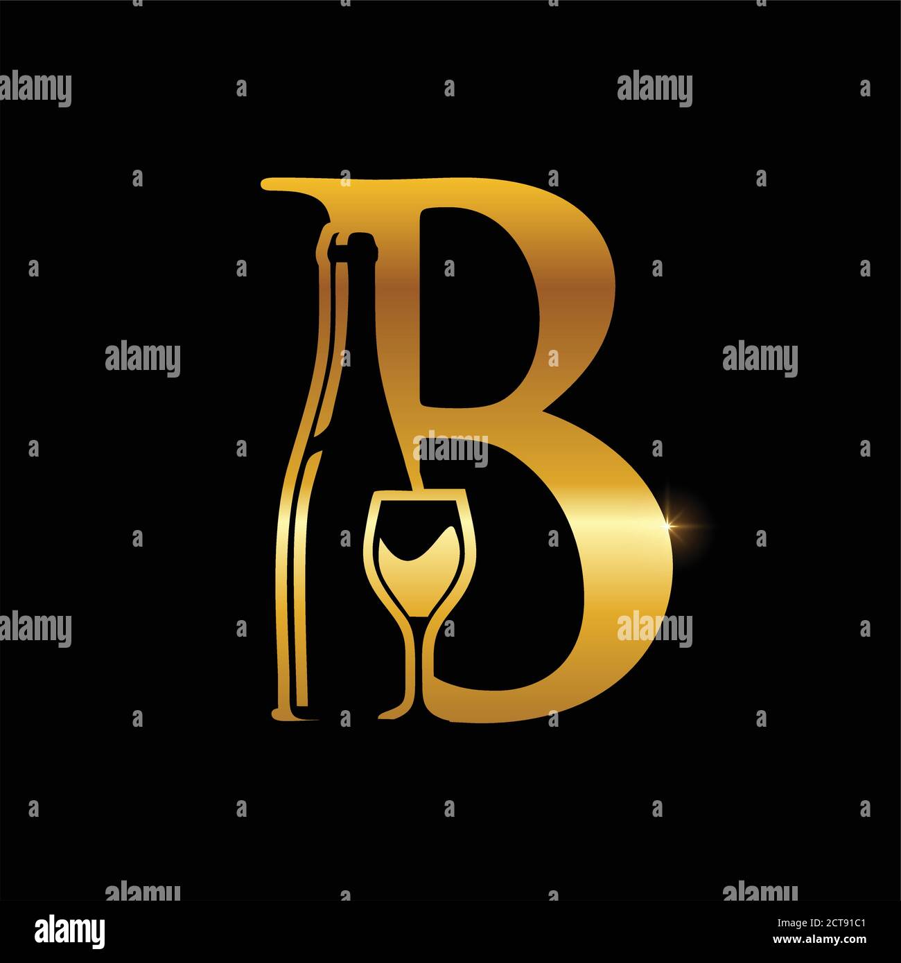 Ein Vektor-Illustration goldenes Logo Serie von Goldwein und Flasche Initial Letter Design in schwarzem Hintergrund Stock Vektor