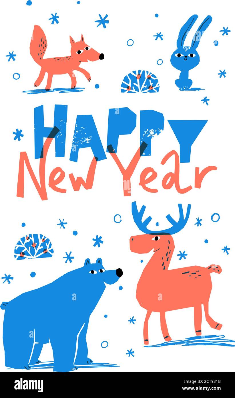Happy New Year Vektor Winter Poster mit niedlichen Tieren Stock Vektor