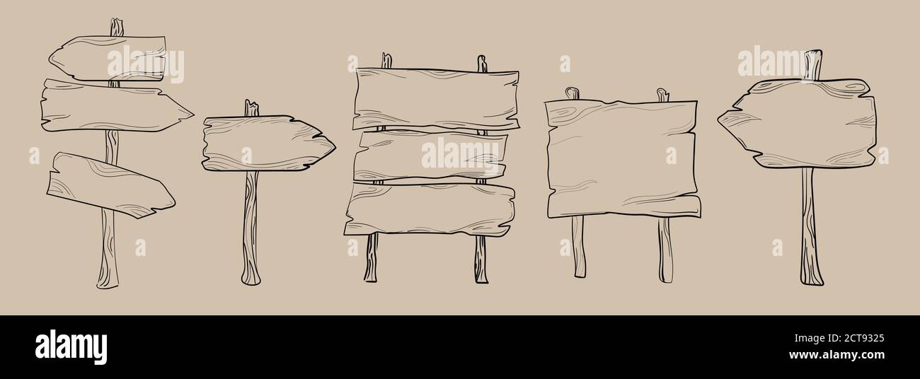 Satz von hölzernen Straßenschildern und Pfeilen. Isolierte Handzeichnungen auf hellgelbem Hintergrund. Stock Vektor