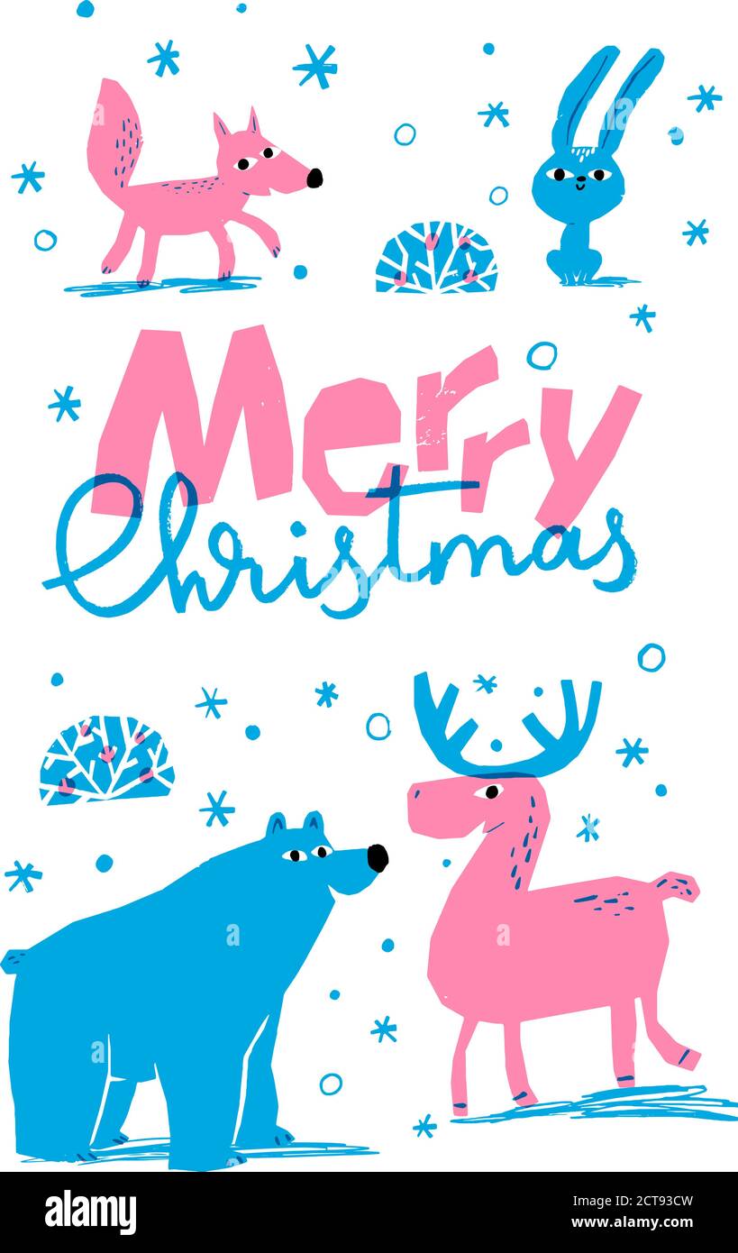 Frohe Weihnachten Vektor Winter Poster mit niedlichen Tieren Stock Vektor