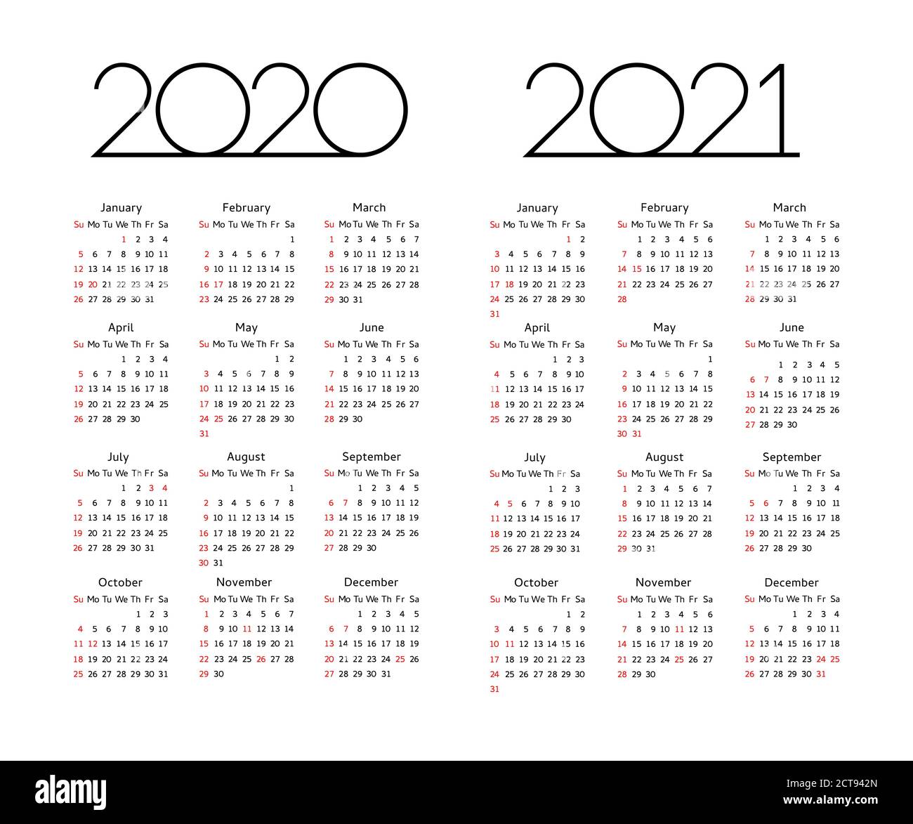 Kalender 2020 2021 Jahr - Vektor-Illustration. Die Woche beginnt am Sonntag. Editierbare Kalendervorlage mit Holiday USA Stock Vektor