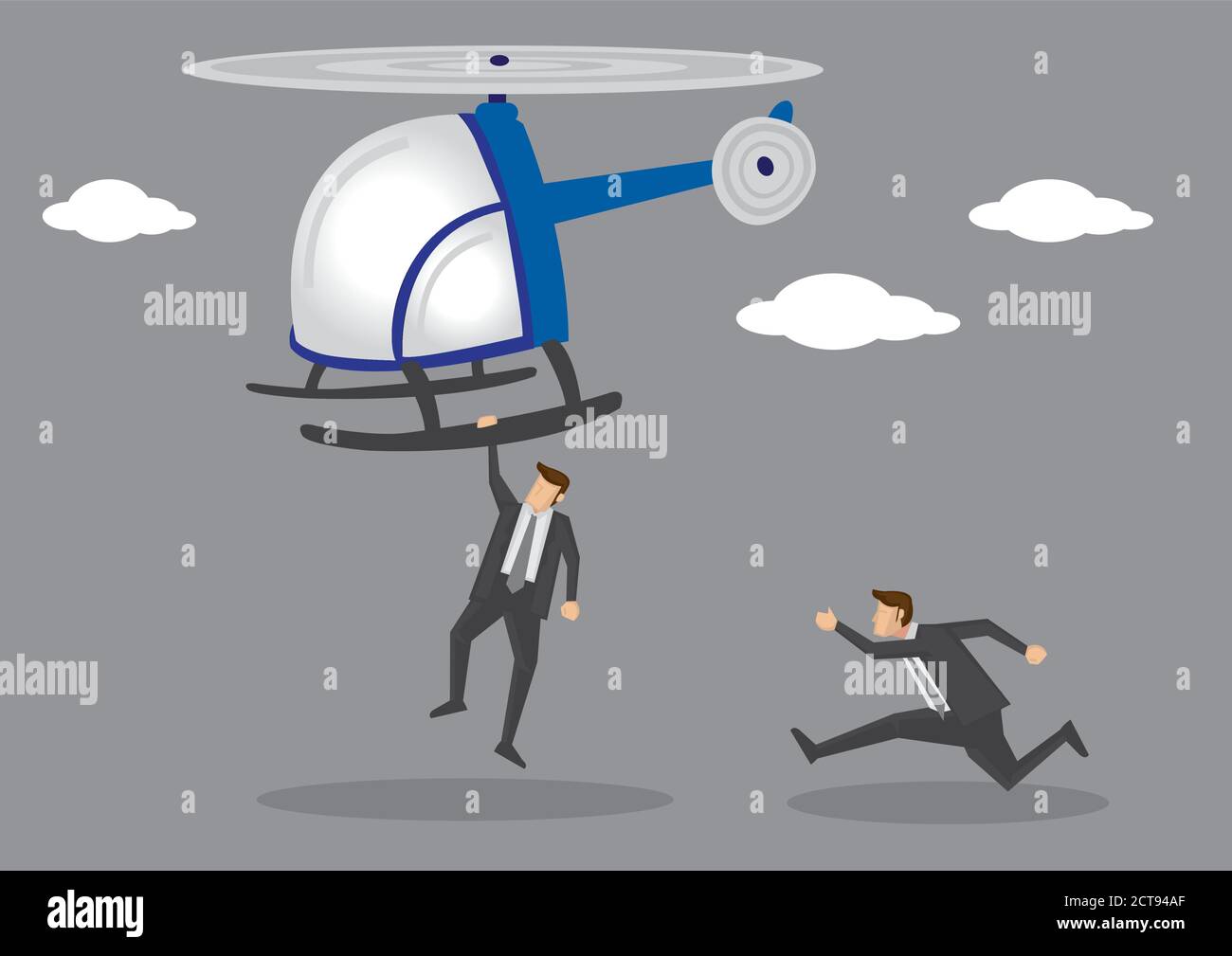 Cartoon-Figur in schwarzem Anzug hängen gefährlich auf dem Landeplatz eines Hubschraubers Start und sein Partner läuft, um aufzuholen. Vektor illustrr Stock Vektor