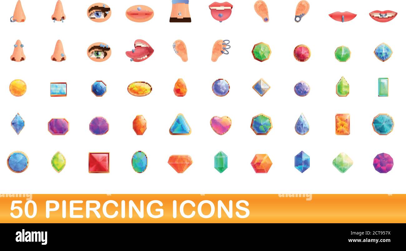 50 Piercing-Symbole gesetzt. Cartoon Illustration von 50 Piercing Icons ...