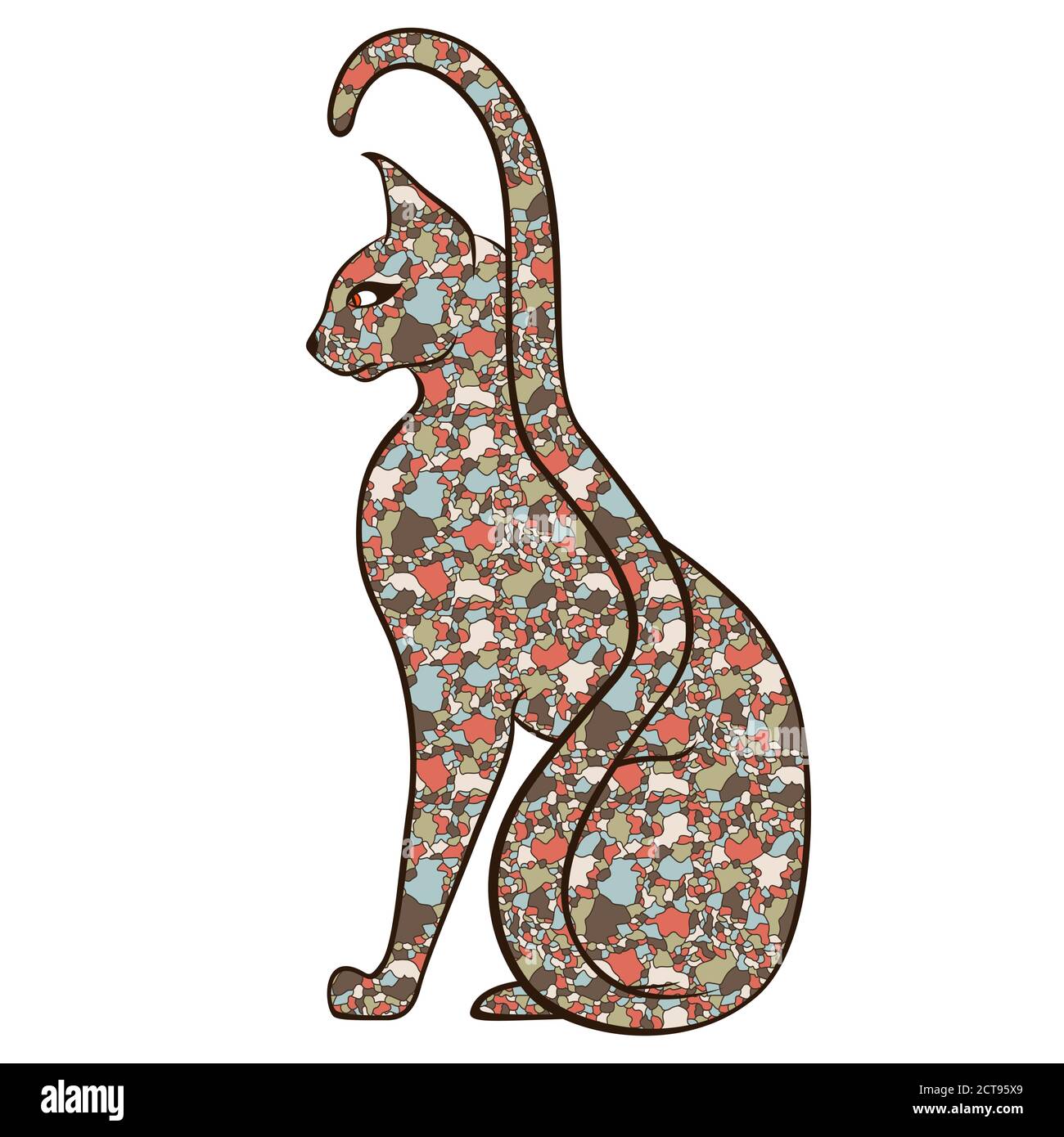 Ernst und anmutig Katze mit langen Schwanz mit Körper aus bunten gedämpften Mosaikformen isoliert auf weißem Hintergrund, Vektor-Illustration Stock Vektor