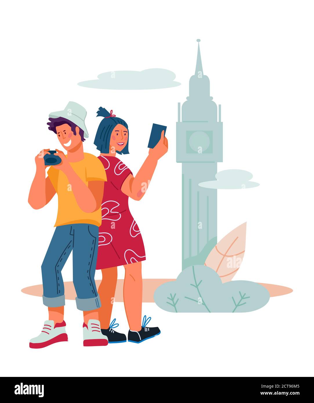 Travelers - Sightseeing und Selfie vor der Kulisse der touristischen Attraktionen. Stock Vektor