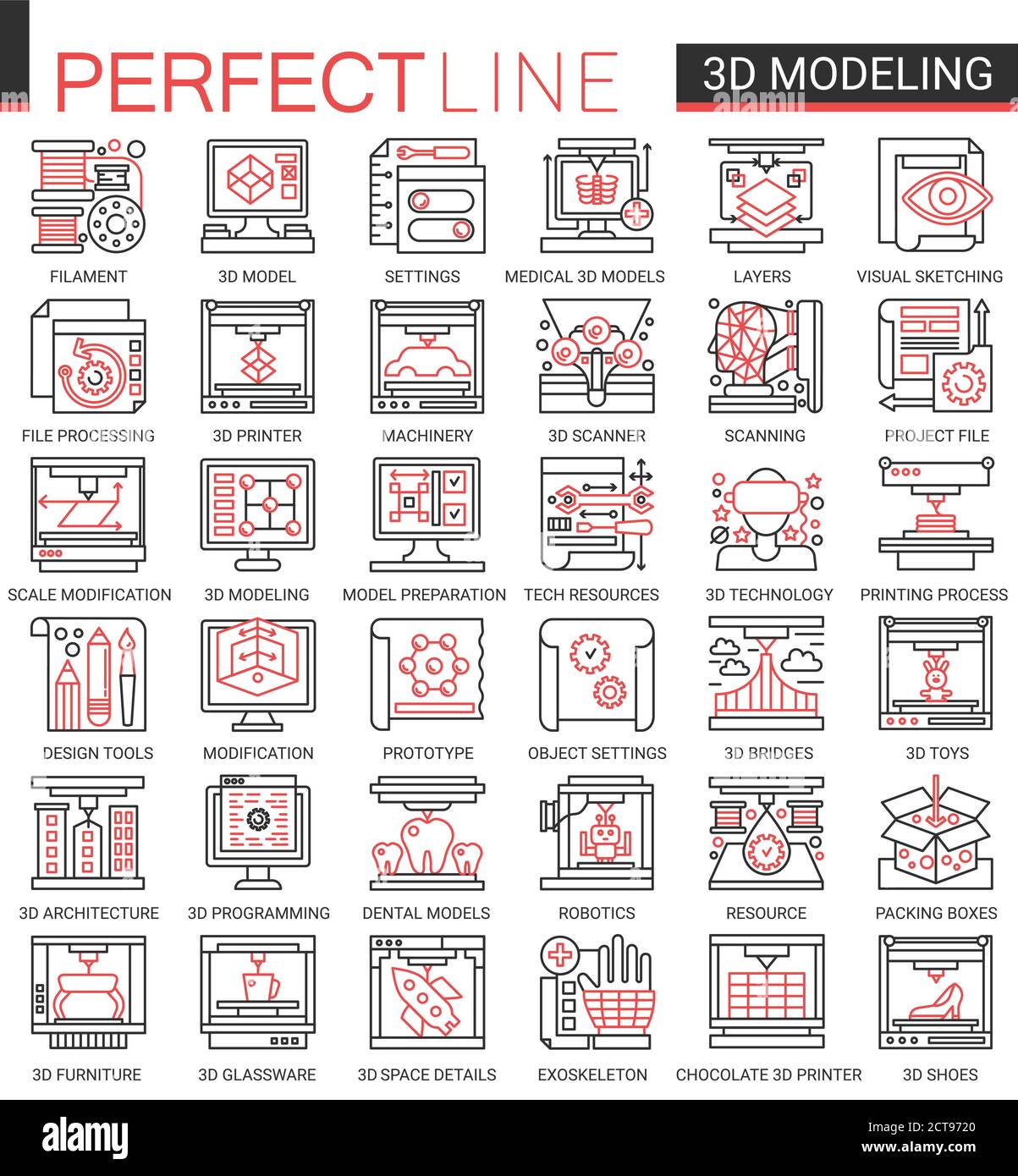 3d-Druck komplexe Konzept Wissenschaft Technologie dünne Linie Web-Icons Vektor-Set. Rot schwarz dünne Linie kreatives Design mit Modellierung moderner Technologie Drucker Ausrüstung Maschinen, zukünftige wissenschaftliche Innovationen Stock Vektor
