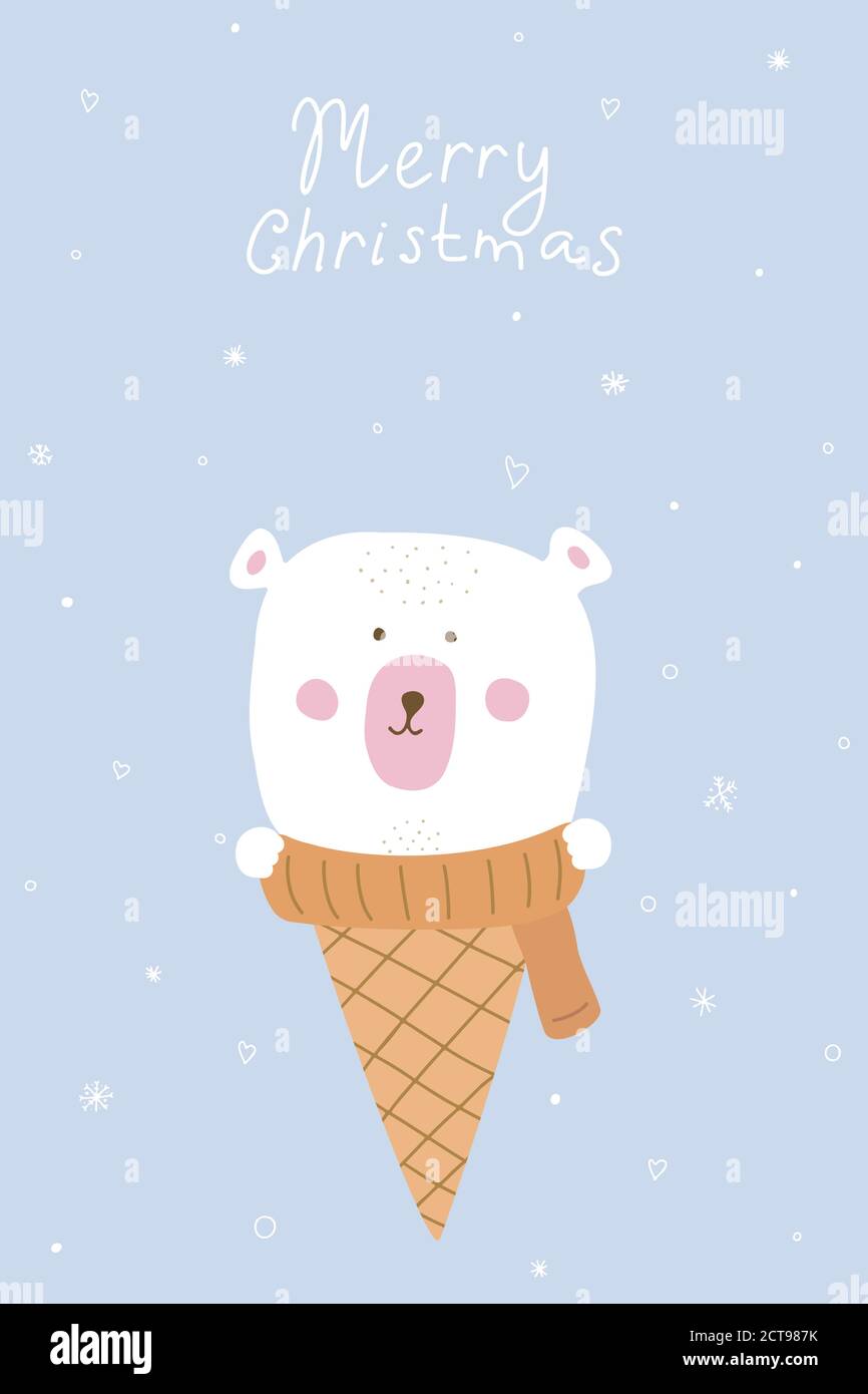 Weihnachtskarte. Schneebär in einem Schal sitzen in einem Waffelhorn aus Eis vor dem Hintergrund von Schneeflocken. Vektorgrafik. Stock Vektor