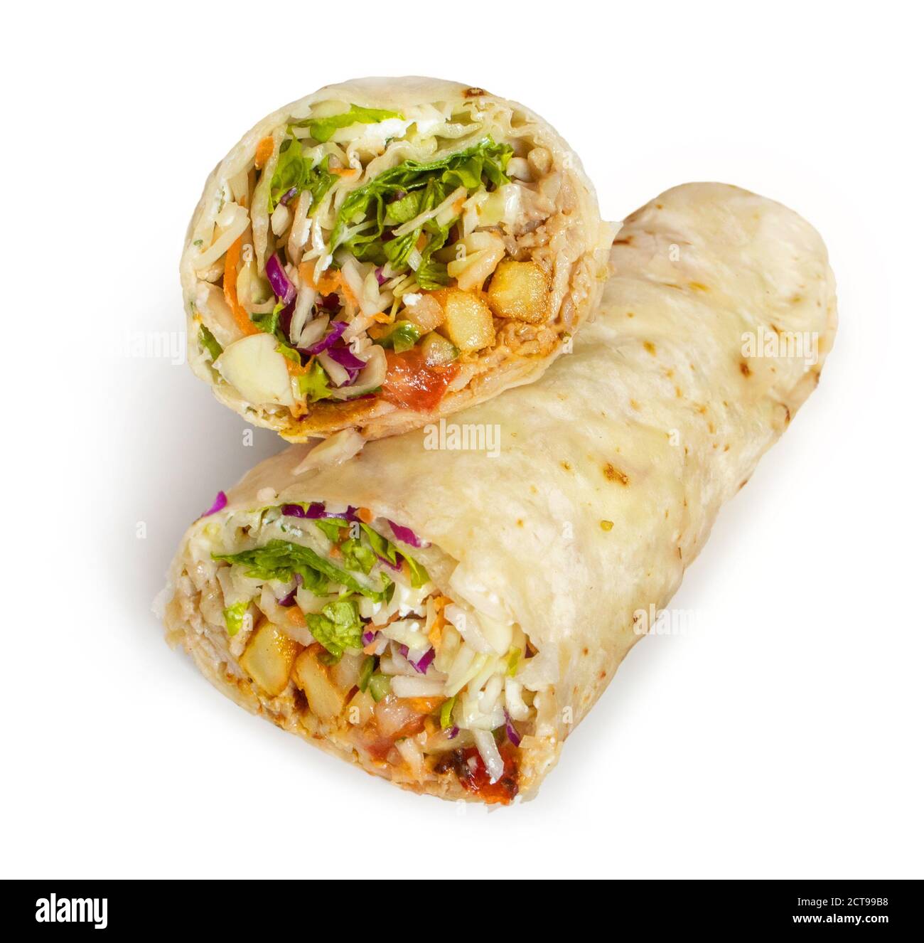 Döner Kebab Wrap isoliert auf weißem Hintergrund, Tortilla Stockfoto