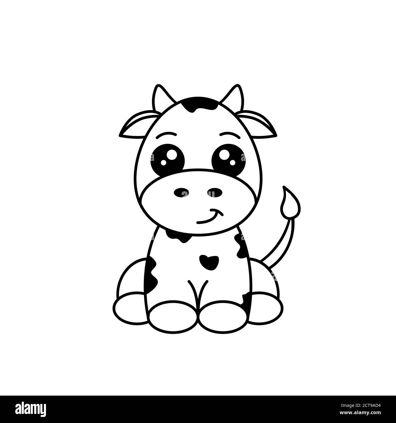Süße schwarze und weiße Kuh. Lustige Tier Zeichentrickfigur. Kuh sitzt und lächelt. Baby Kuh mit schwarzen Flecken. Kindliche Kalbszeichnung. Vektor Stock Vektor