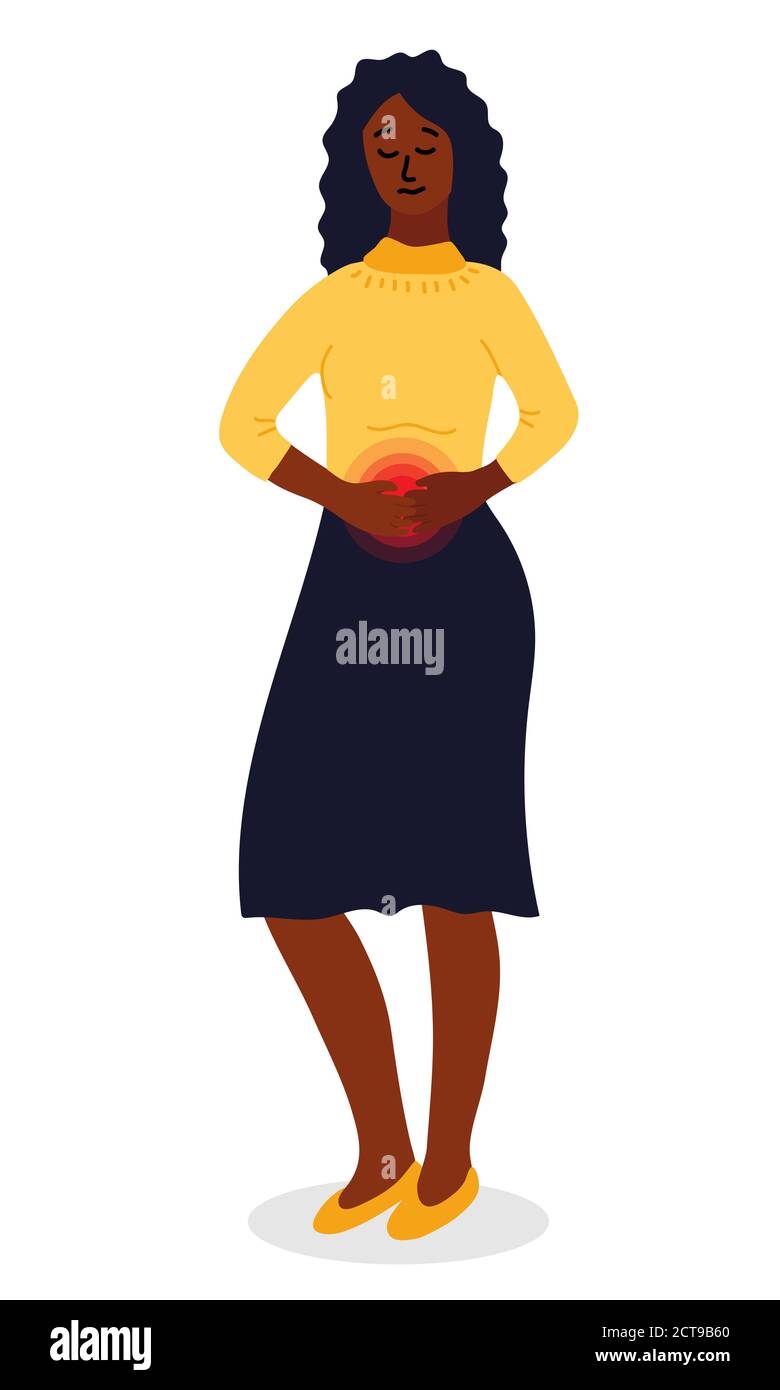 Schwarze afrikanische Frau fühlt einen starken Schmerz im Magen. Magenerkrankungen, Geschwüre, Gastritis. Cartoon Vektorgrafik Stock Vektor