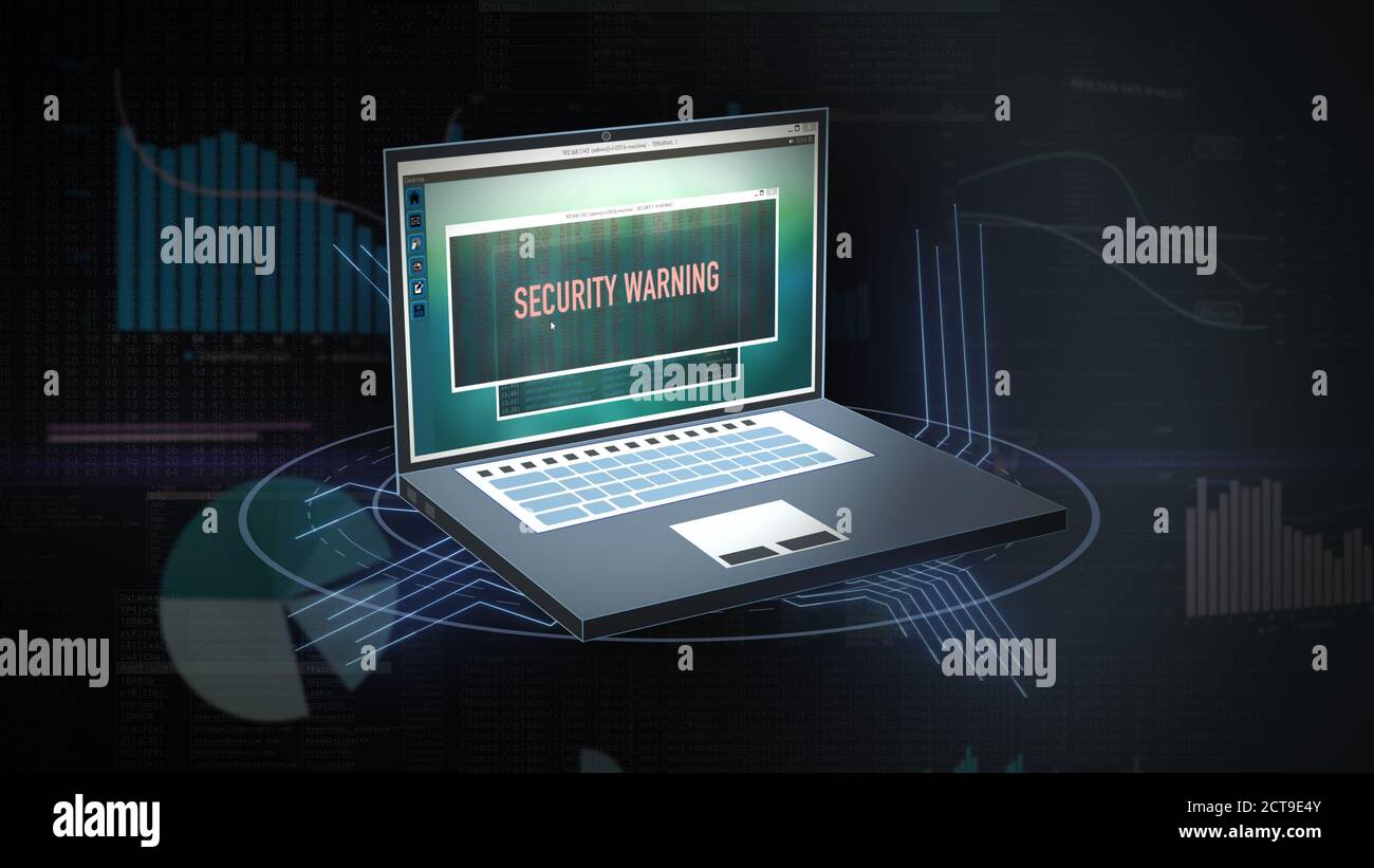 Internet-Sicherheitswarnung auf dem Bildschirm des digital generierten Laptops. Virenwarnung auf dem Bildschirm. Stockfoto