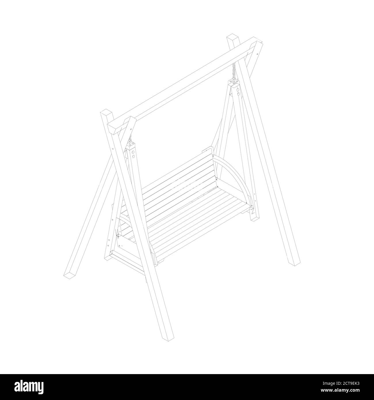 Umriss einer hölzernen Schaukel aus schwarzen Linien isoliert auf weißem Hintergrund. Isometrische Ansicht. 3D. Vektorgrafik Stock Vektor