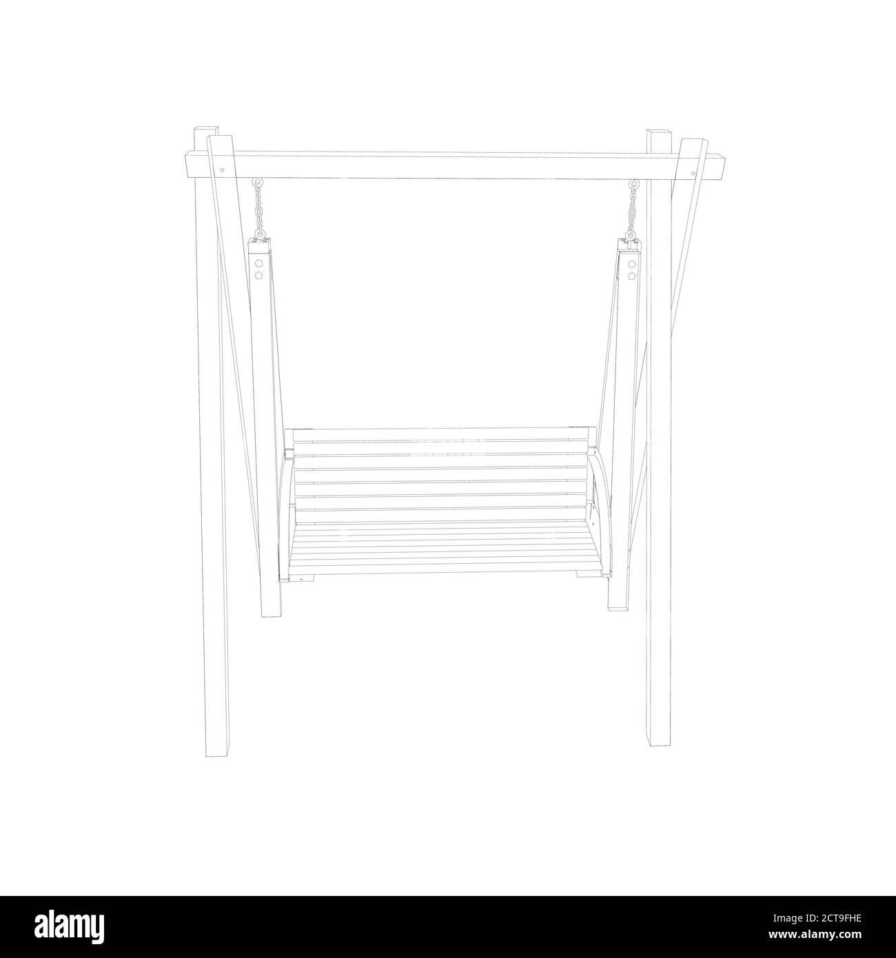 Umriss einer hölzernen Schaukel aus schwarzen Linien isoliert auf weißem Hintergrund. Vorderansicht. 3D. Vektorgrafik Stock Vektor