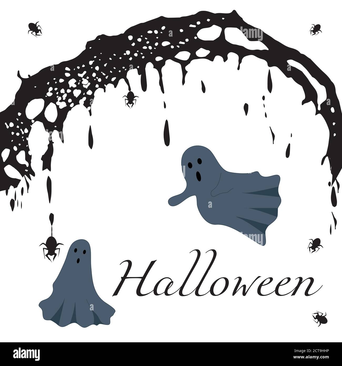 Halloween Grußkarte. Nachthintergrund mit Geistern und Spinnweben Stock Vektor
