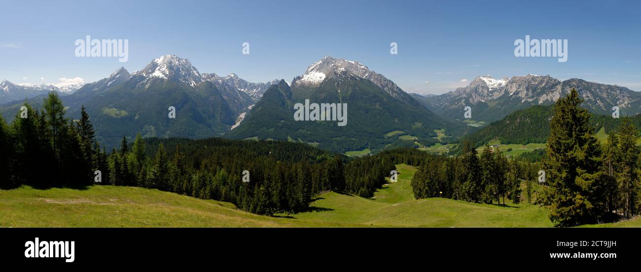 Deutschland, Bayern, Berchtesgadener Alpen, in der Nähe von Ramsau Blick auf Watzmann, Hochkalter, Reiter Alpe Stockfoto