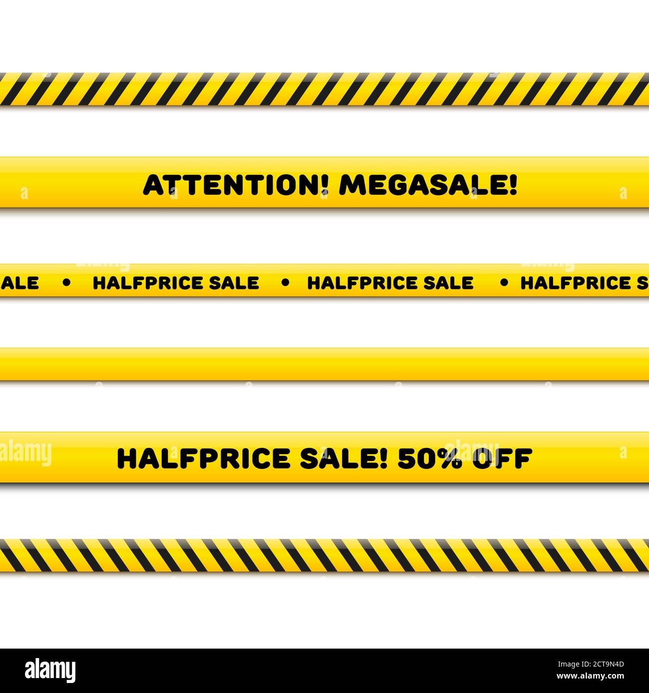 Polizeilinie für Megasale, realistischer Vektor isoliert auf weiß gesetzt. Nahtlose Warnbänder Stock Vektor