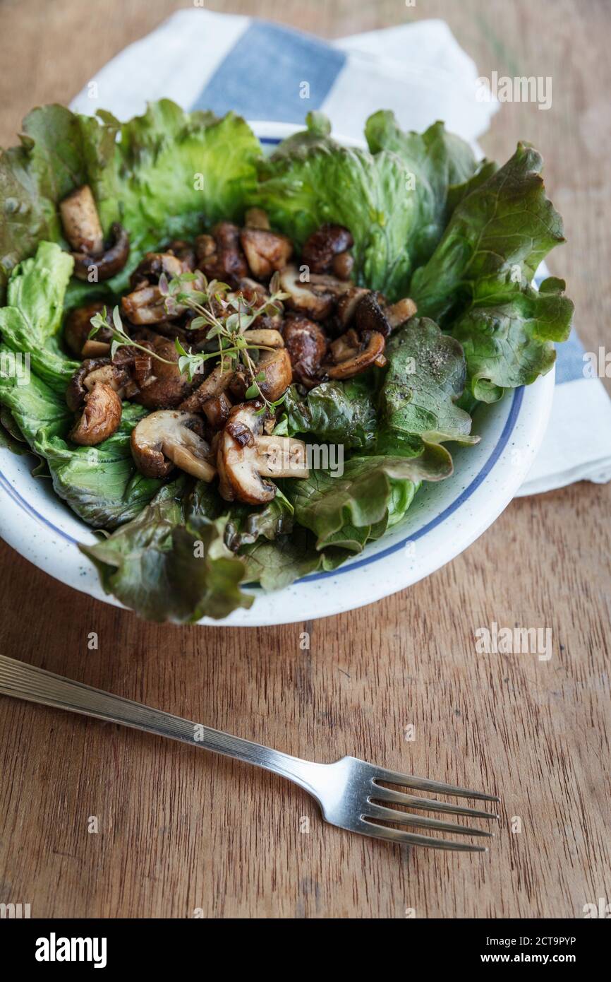 Teller mit gebratenen Champignons auf Blattsalat Stockfoto