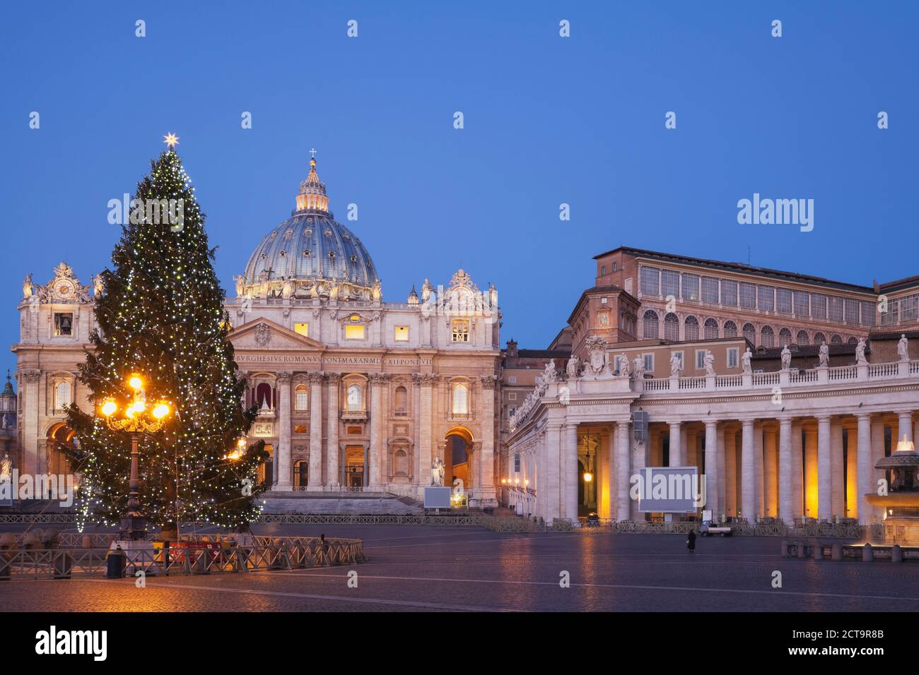 Italien, Vatikan, Rom, Piazza San Pietro, St. Peter Basilika und Weihnachtsbaum am Morgen Stockfoto