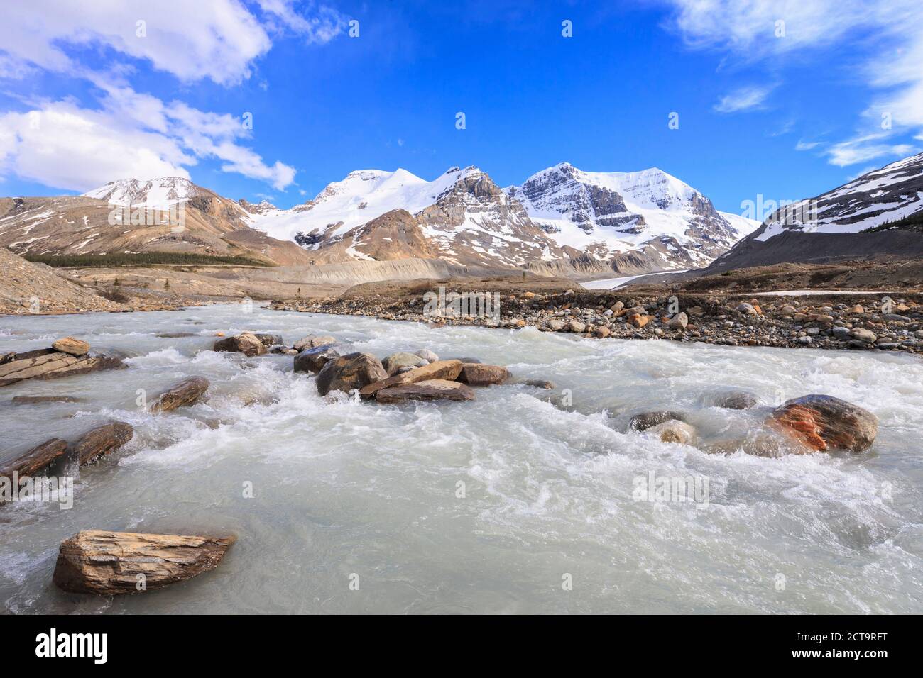 Kanada, Alberta, Rocky Mountains, Jasper Nationalpark, Athabasca Gletscher, Athabasca River, Schmelzwasser Athabasca Gletscher Stockfoto