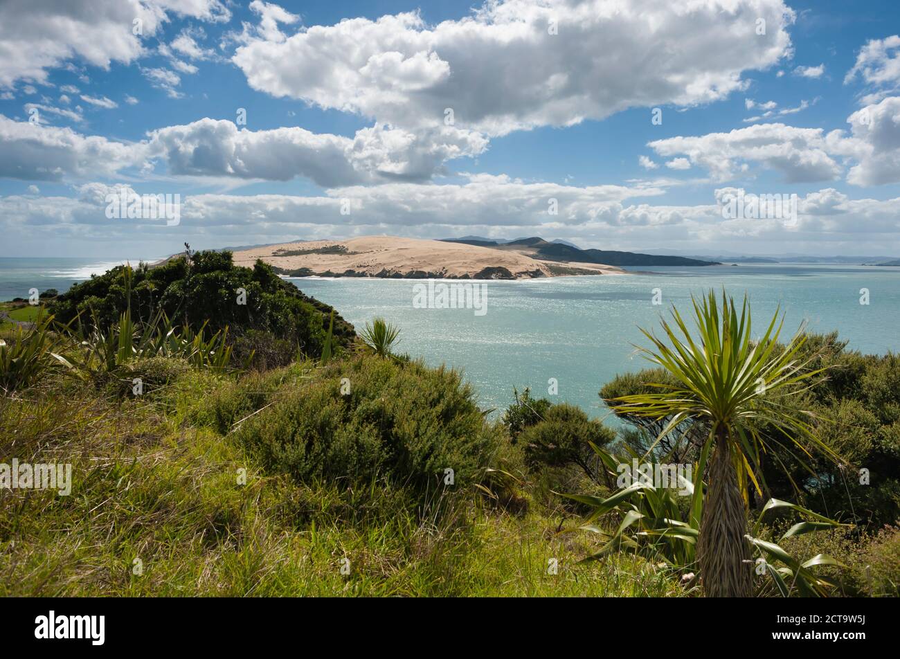 Neuseeland, Nordinsel, Northland, Far North District, Hokianga Harbour Eingang mit Tasmansee, North Head und riesige Sanddüne Stockfoto