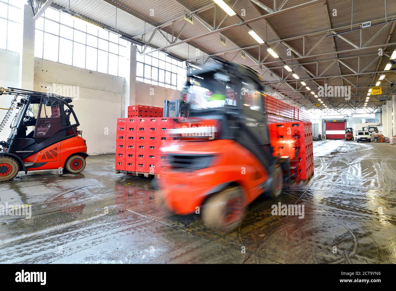 Deutschland, Gabelstapler laden Paletten Bierkisten in einer Brauerei Stockfoto