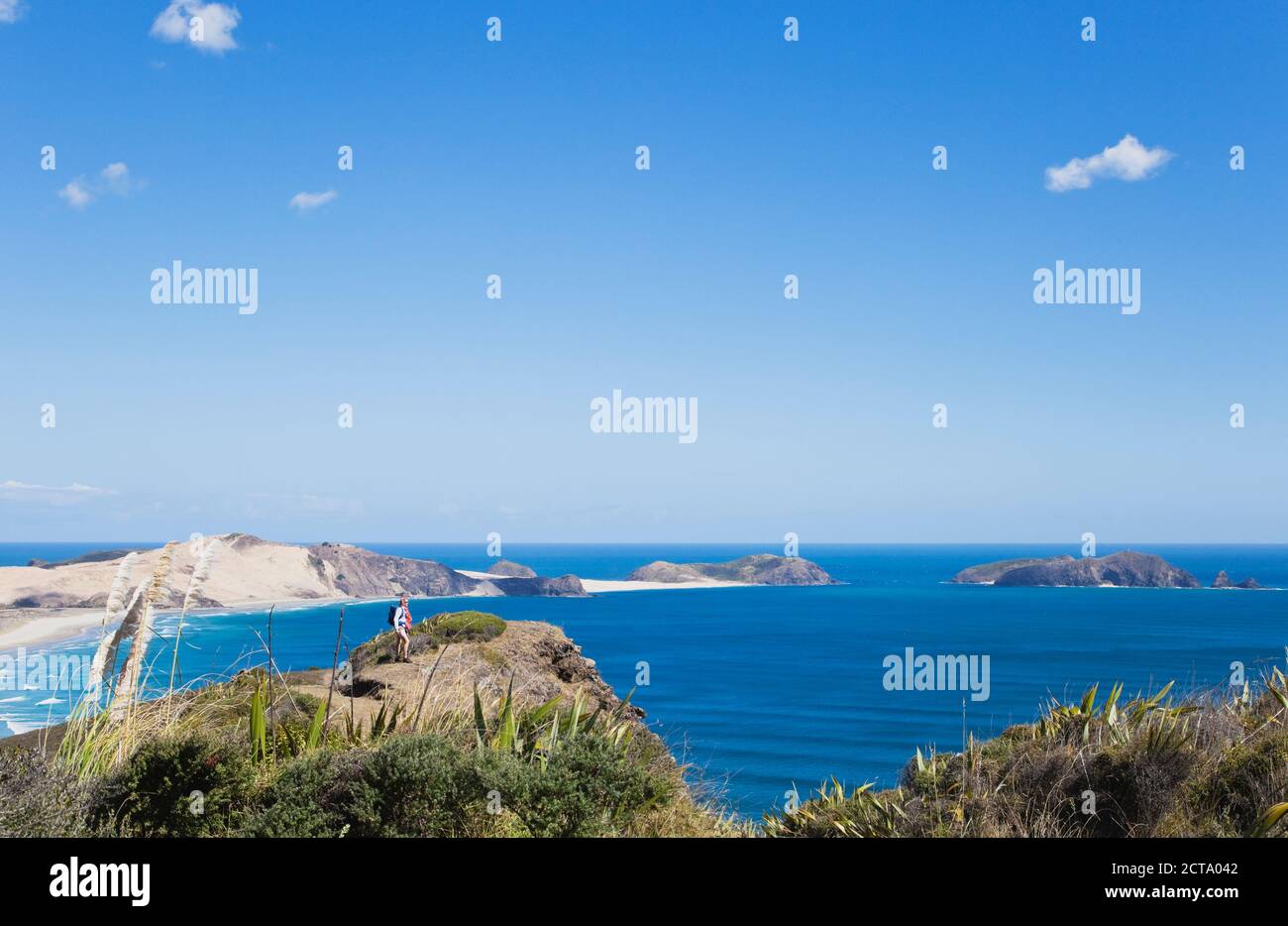 Neuseeland, Northland, Cape Reinga Bereich, Frau mit Blick auf New Zealand Top End und Tasmansee, Cape Maria van Diemen Stockfoto