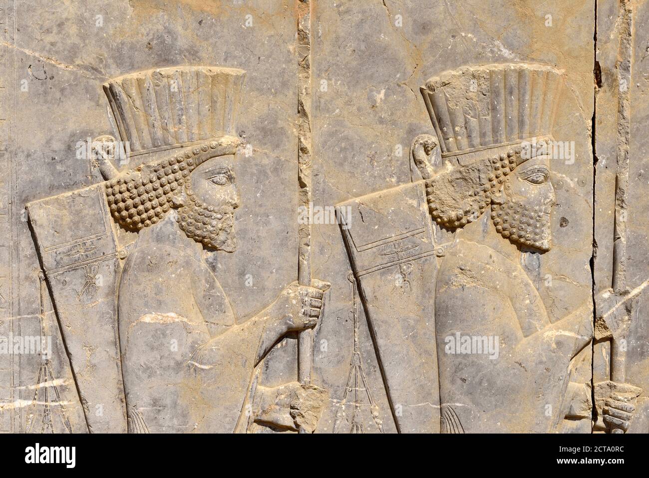 Iran, Soldaten antiken achämenidischen archäologische Stätte von Persepolis, Basrelief der Perser auf der Apadana Palast Stockfoto