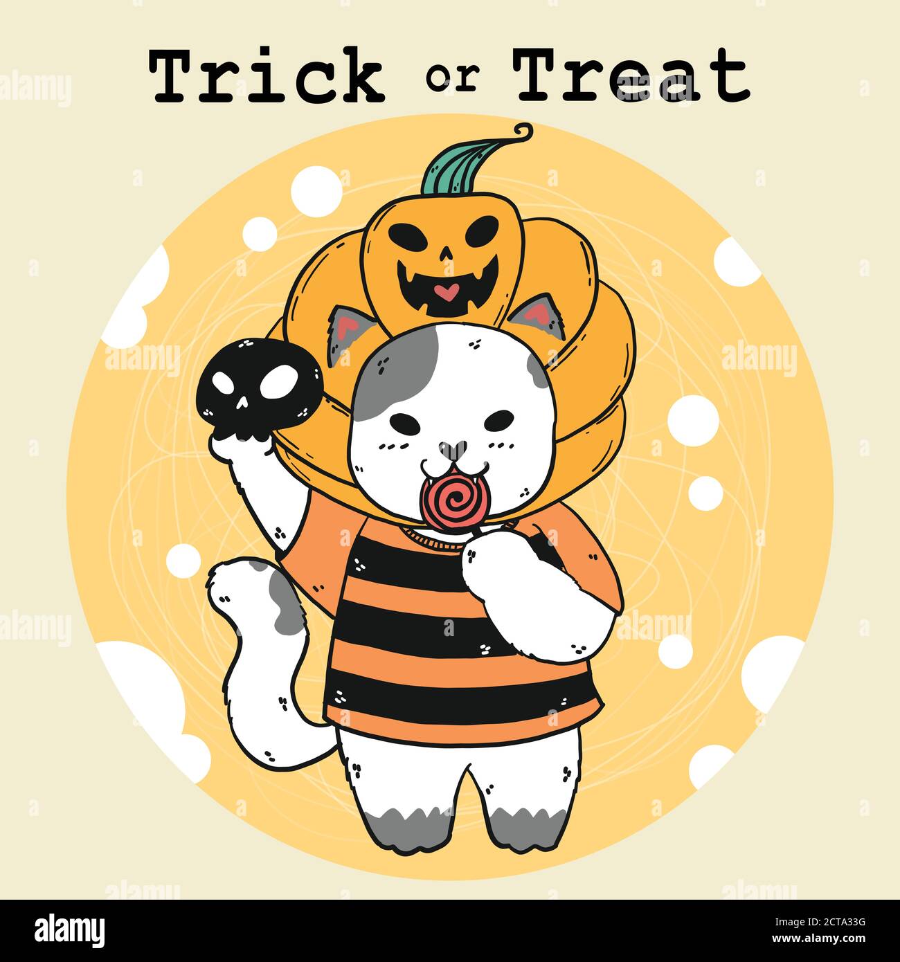 Niedliche Kritzel glücklich weiße Katze mit craved Kürbis Kopf, Trick or Treat, Halloween-Kostüm, Herbst orange, Idee für Grußkarte, Schnitt-Datei Sublimation, Stock Vektor