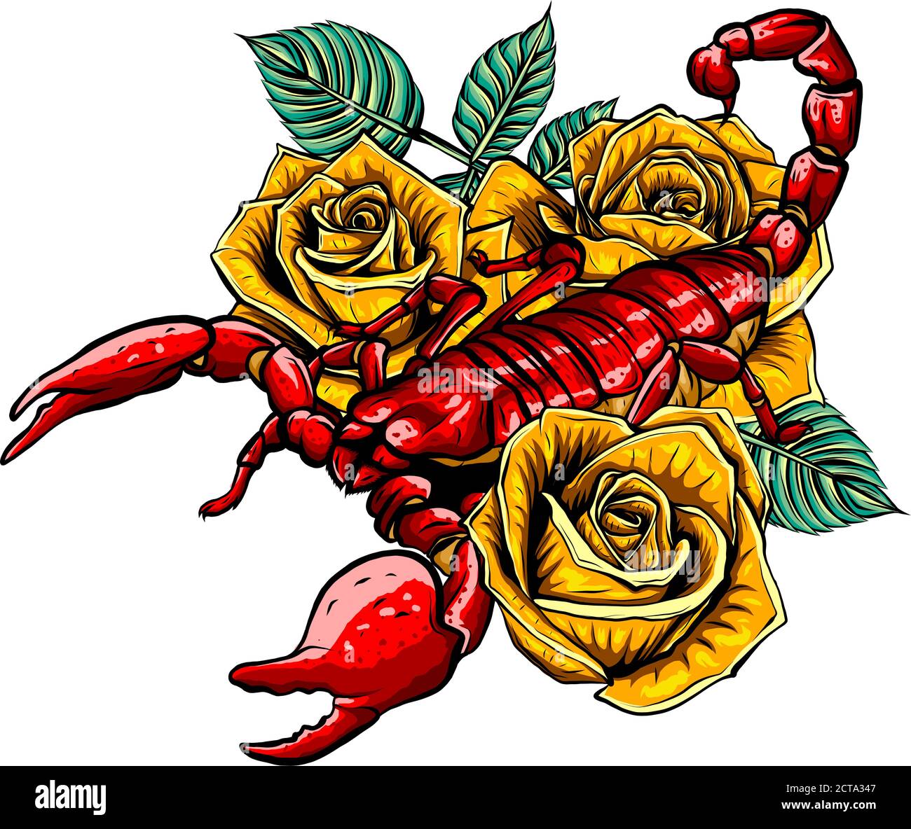 Skorpion und Rosen - Farbe Tattoo, Vektor-Illustration Stock Vektor
