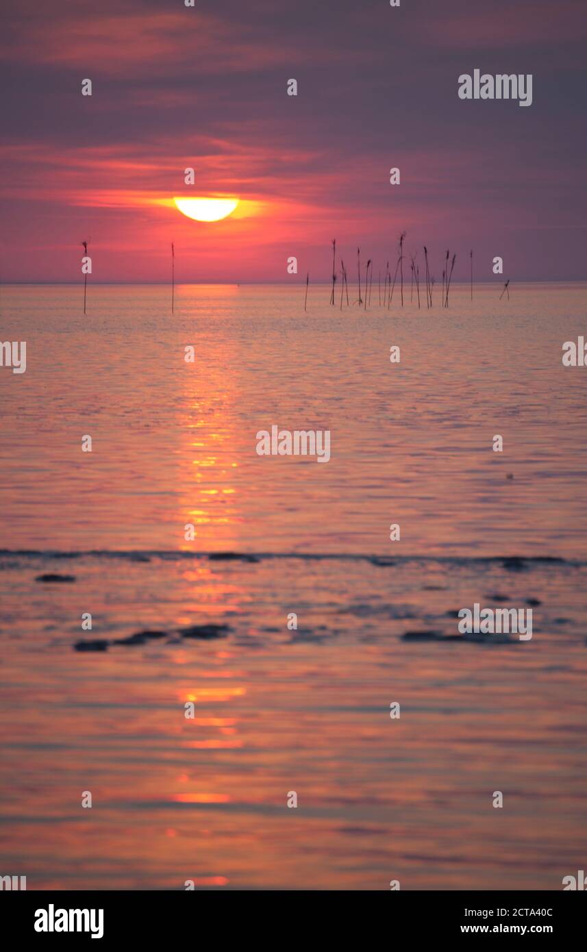 Deutschland, Niedersachsen, Dorum, Sonnenuntergang am Wattenmeer Stockfoto