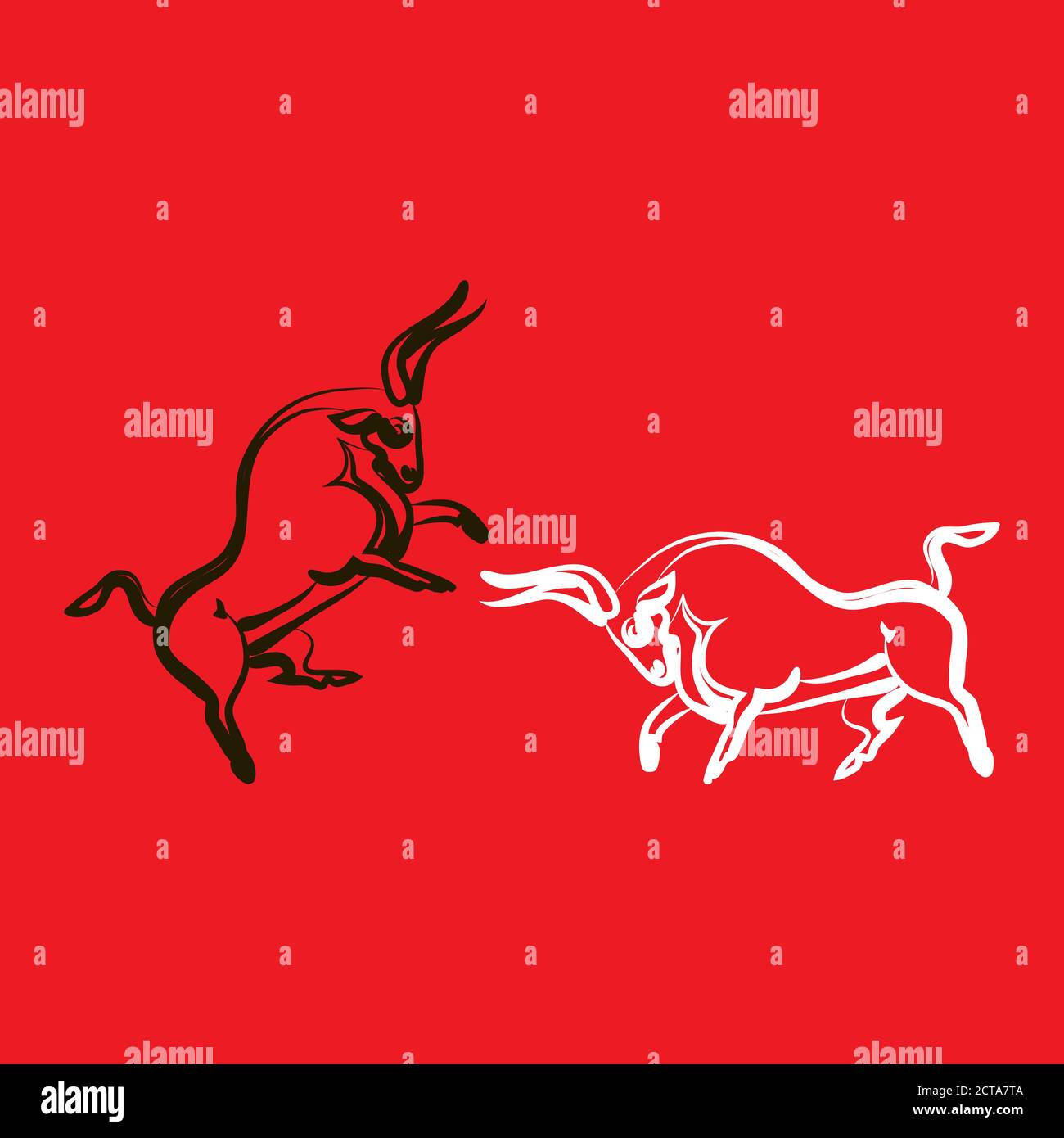 Weißer Stier greift schwarzen Stier an. Schwarzer Stier verteidigt sich