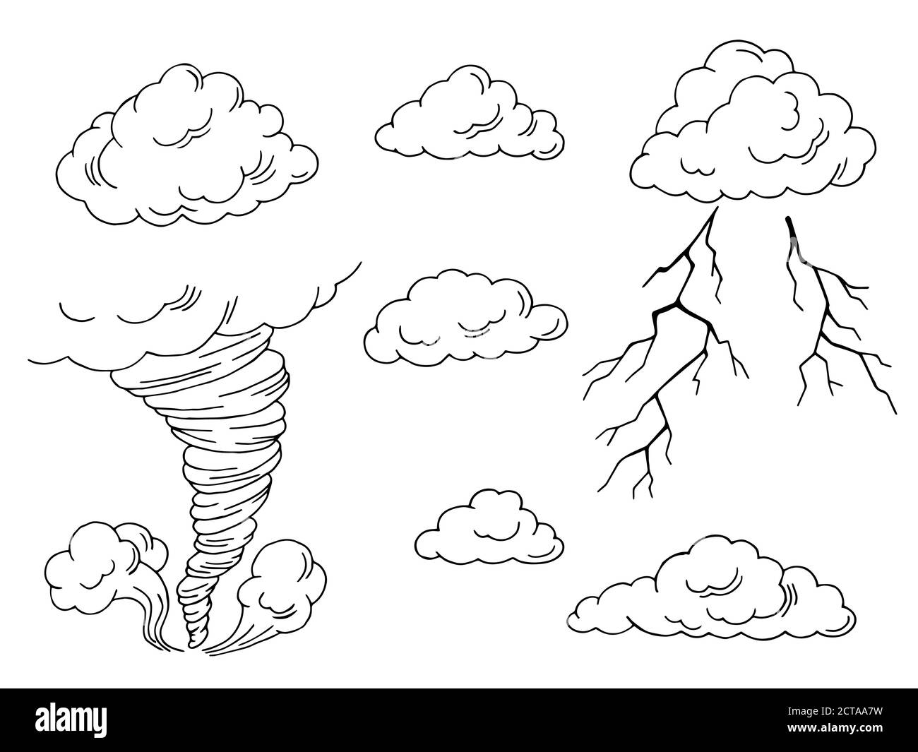 Wolken setzen Grafik Tornado Blitz schwarz weiß isoliert Illustration Vektor Stock Vektor