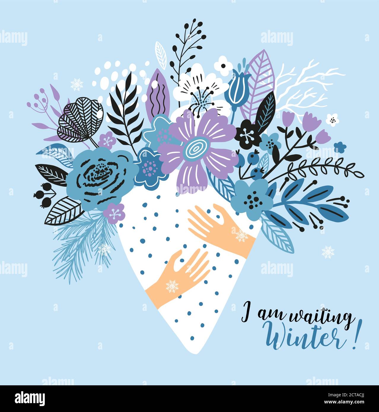 Schöne Winterkarte mit einer Bouqet Blumen, Blätter und mit der Inschrift I am Waiting Winter. Perfekt für Grußkarten, Postkarten, T-Shirt-Design Stock Vektor