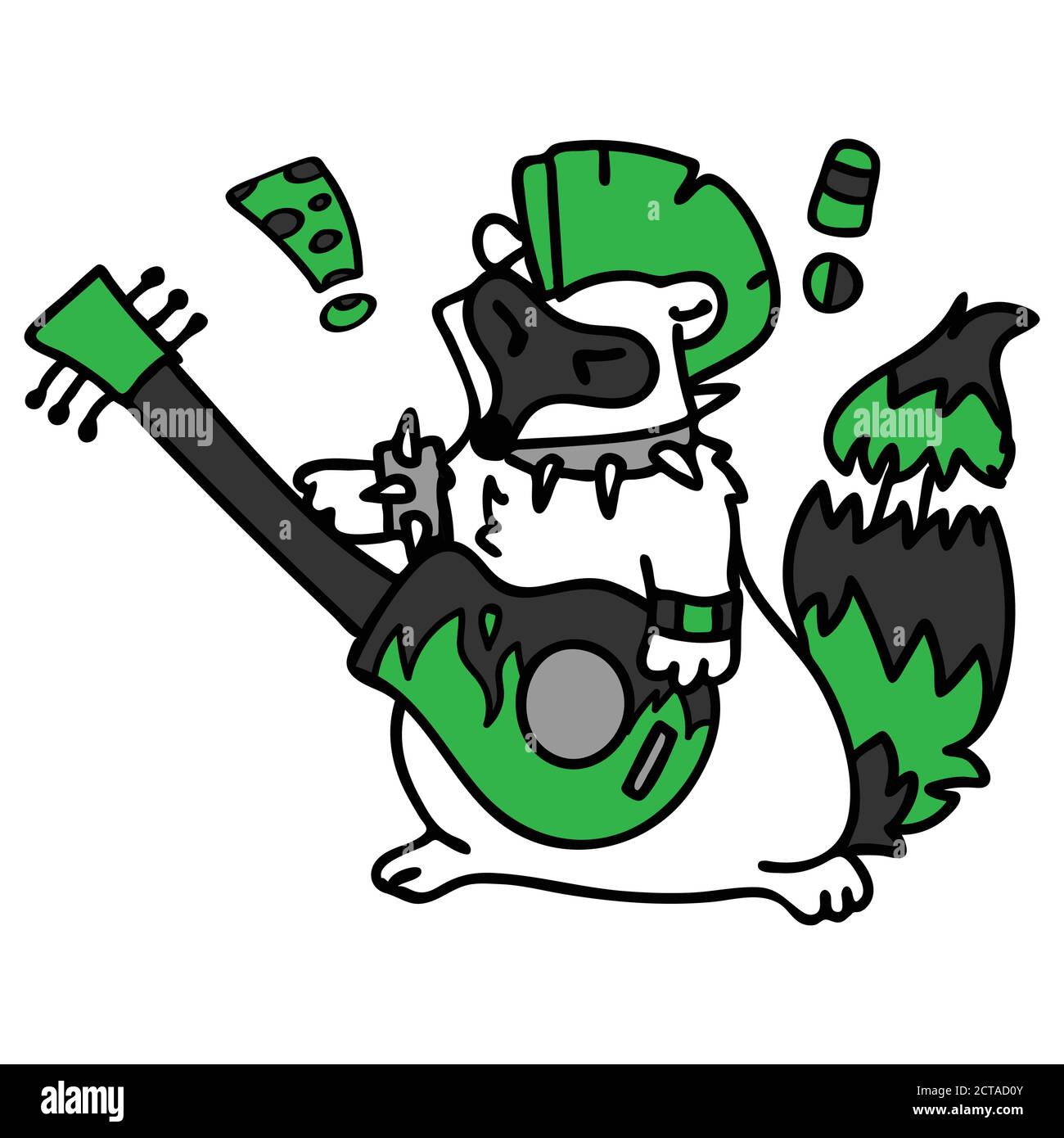 Punk Rock Waschbär mit Gitarre Illustration Clipart. Einfacher alternativer Aufkleber. Kinder Emo Rocker niedlich Hand gezeichnet Cartoon Tier Motiv. Stock Vektor