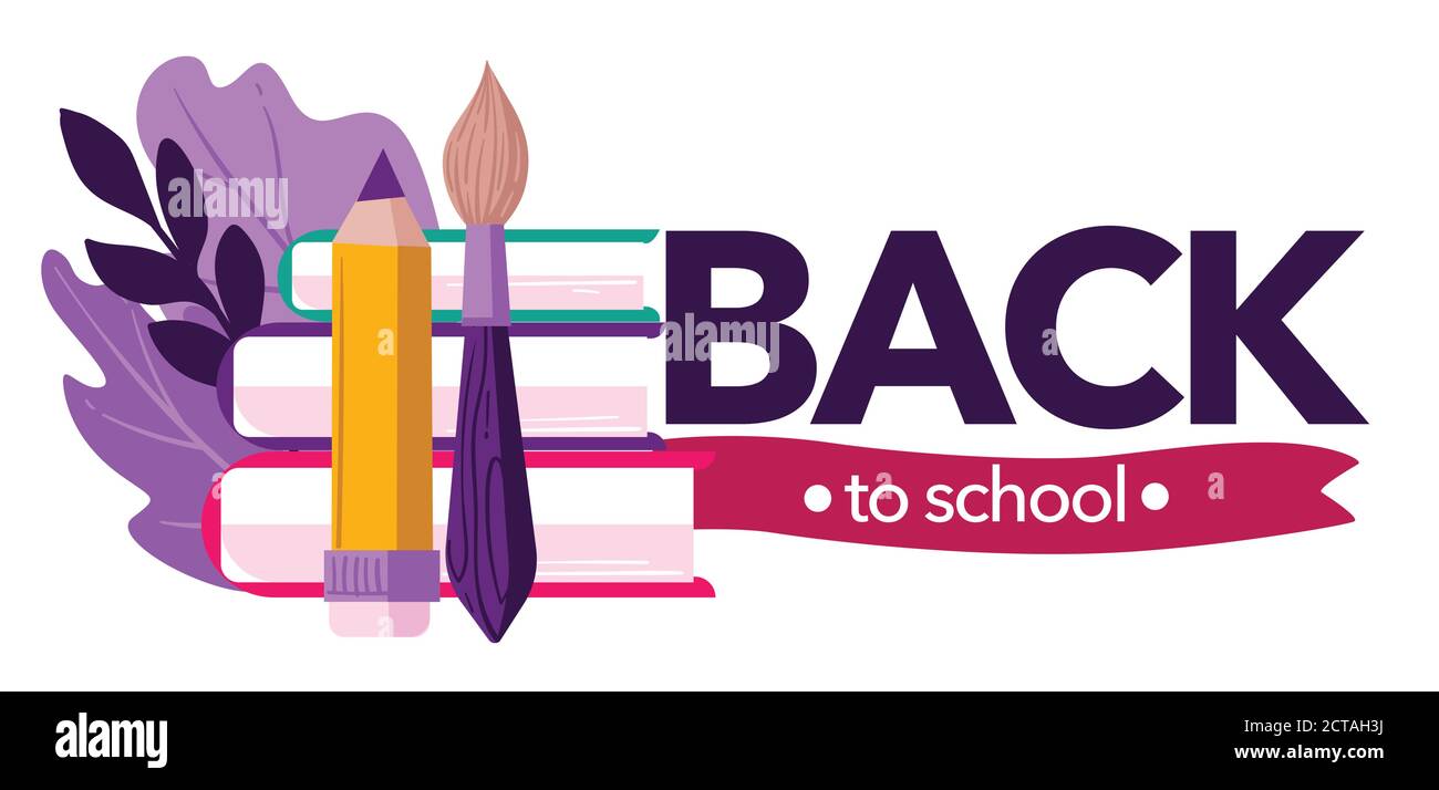 Zurück zur Schule, Bücher und Bleistift mit dekorativer Flora Stock Vektor
