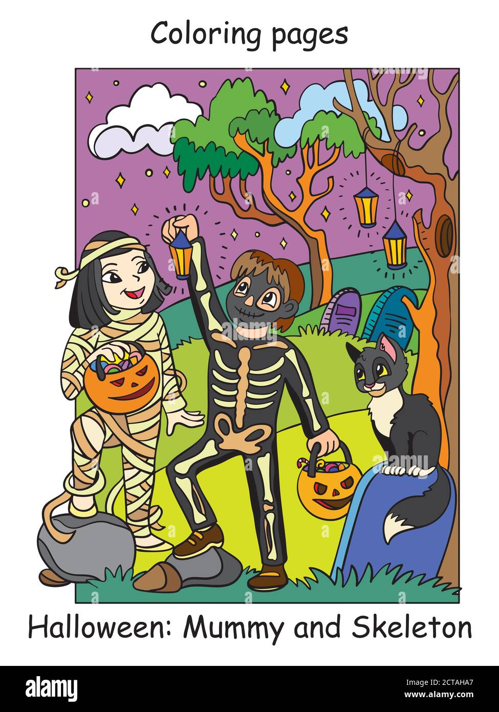 Bunte Halloween Kinder in Kostümen aus Skelett und Mumie. Stock Vektor