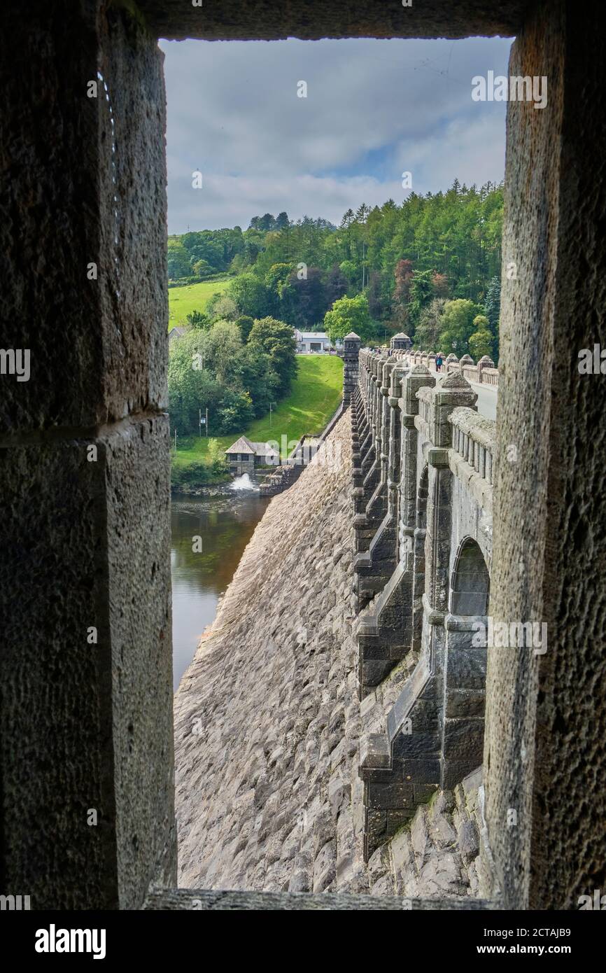 Blick auf den Damm am Lake Vyrnwy, Powys, Wales Stockfoto