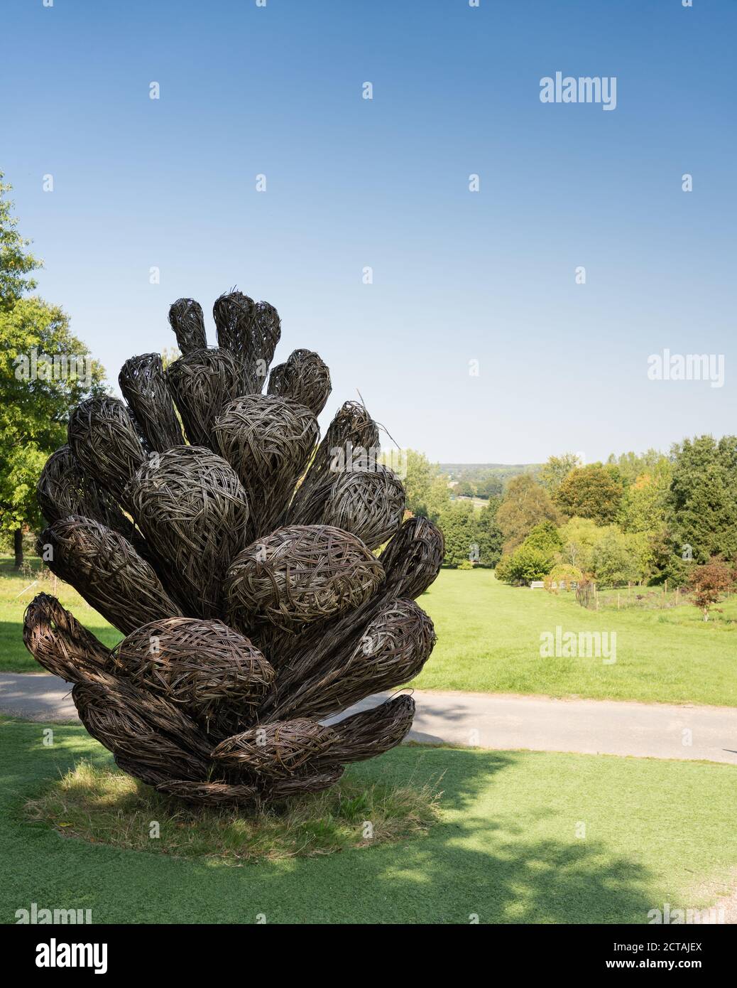 Kunstwerke aus Kiefernkegel in den Sir Harold Hiller Gardens in der Nähe von Romsey In Hampshire Stockfoto