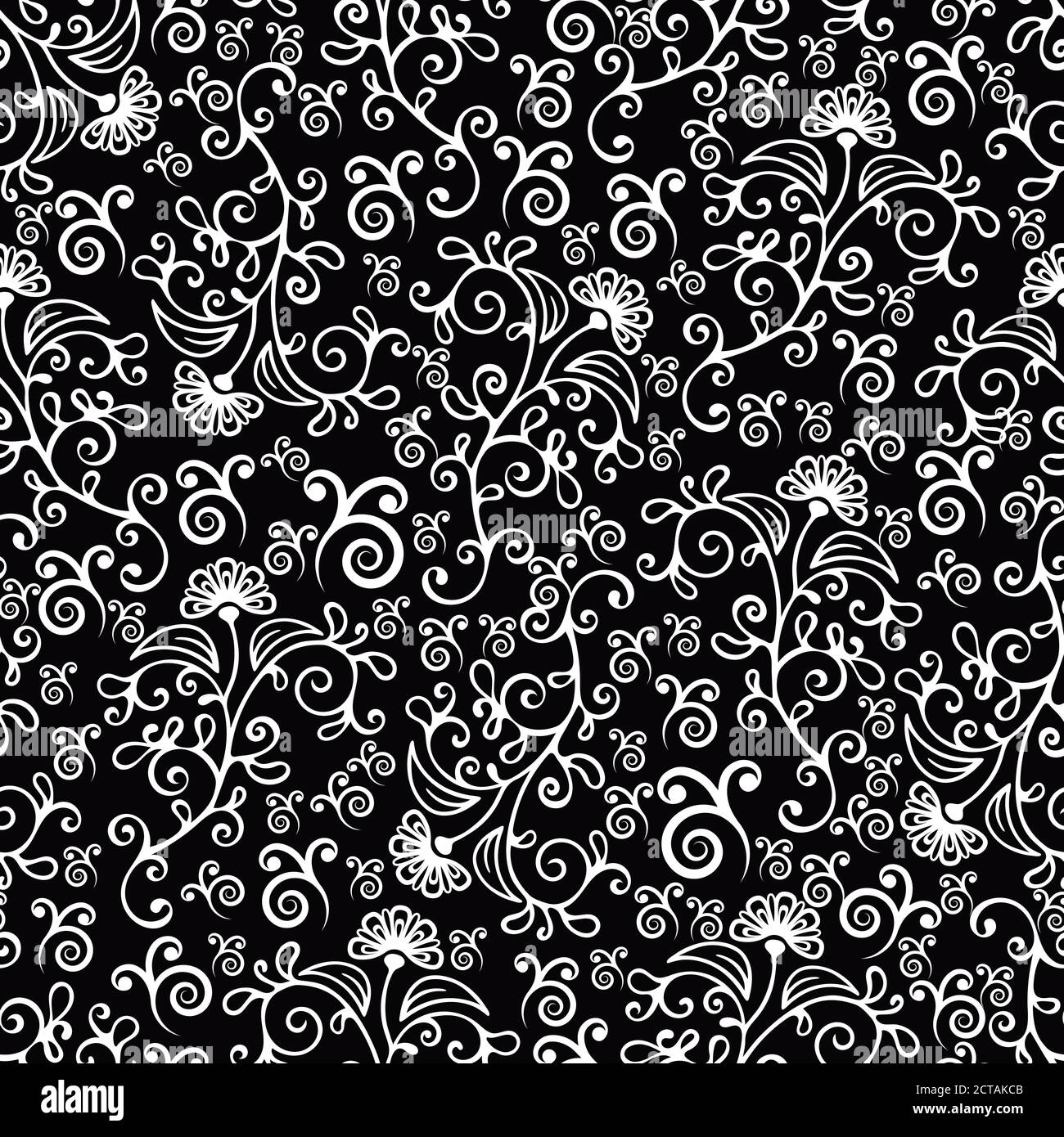 Strudel florale abstrakte nahtlose Muster, schwarz-weiß Ornament mit Locken, Blütenblätter und Blütenknospen. Für Stoffdesign, Tapete, Wrapper, Oberfläche Stock Vektor