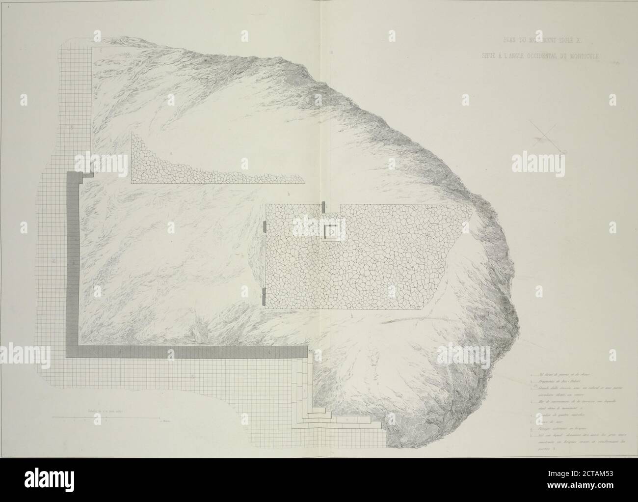 Plan du monumnet isolé x, situé à l'angle occidental du monticule., still image, Prints, 1849 - 1850, Botta, Paul Emile, Flandin, Eugène (1809-1876 Stockfoto