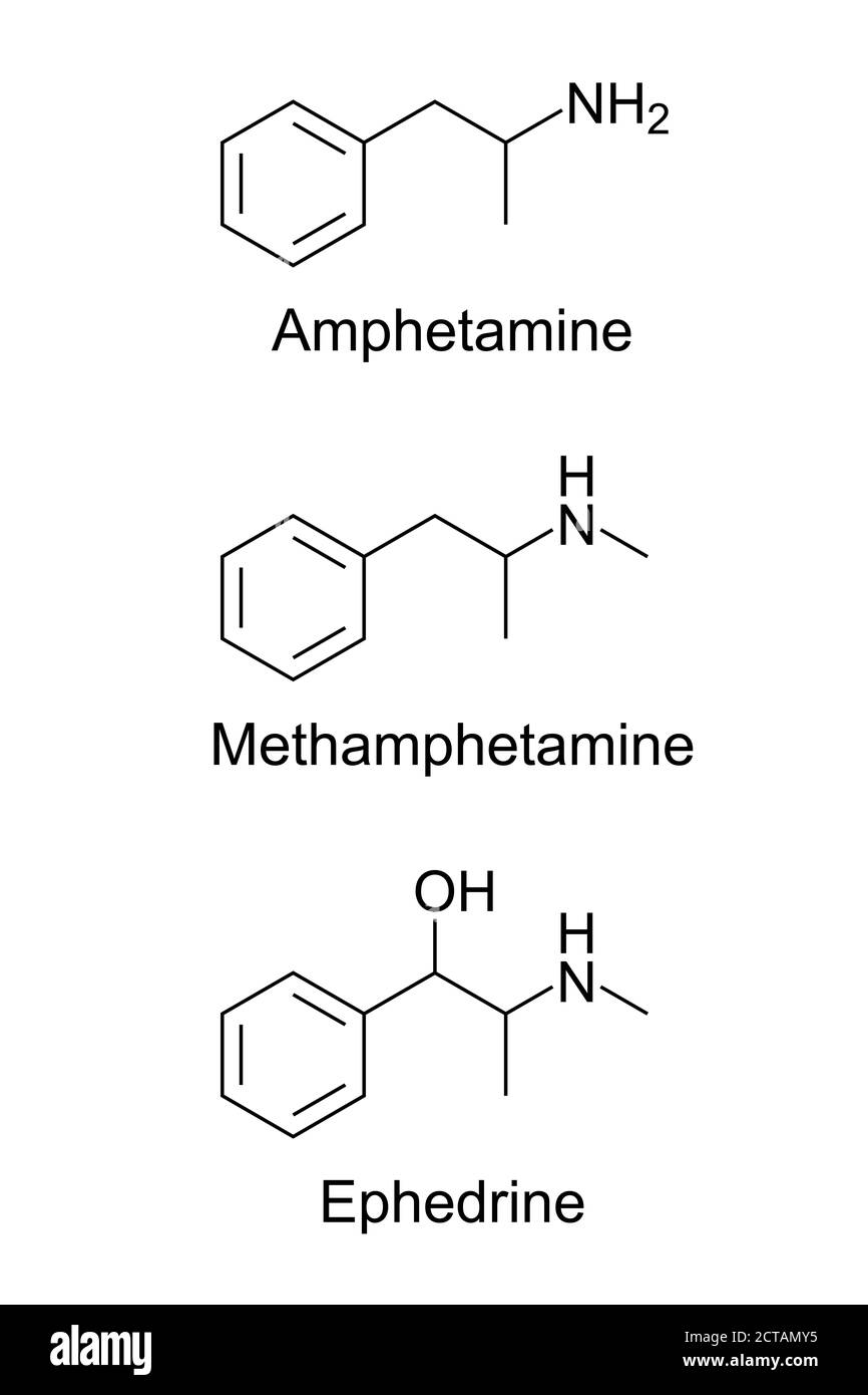 Amphetamin, Methamphetamin und Ephedrin. Vereinfachte chemische Strukturen ohne Stereoisomere. Stimulanzien, Medikamente, Dopingmittel und Medikamente. Stockfoto