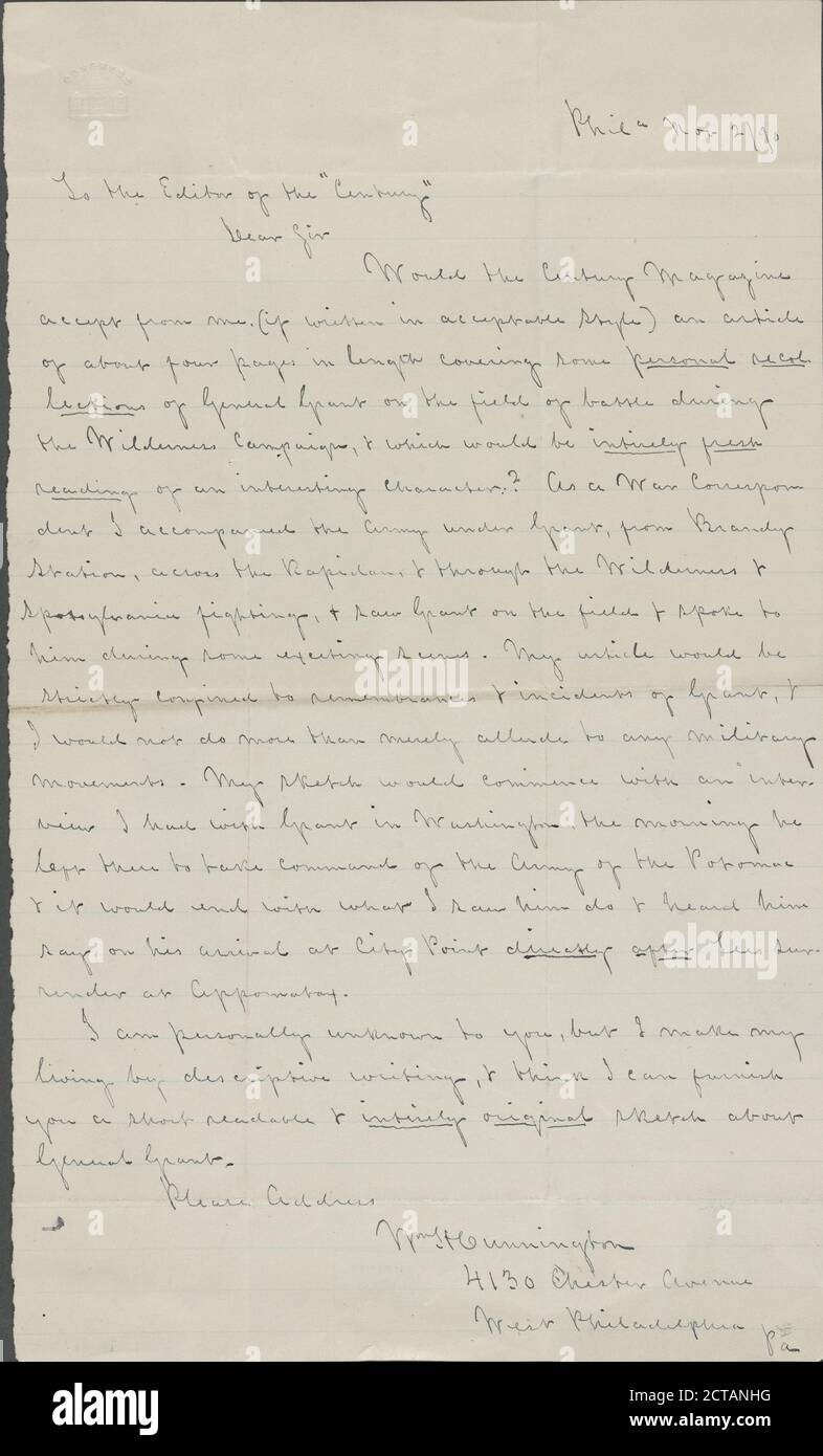 Cunnington, William H, Text, Korrespondenz, 1890 - 1891 Stockfoto