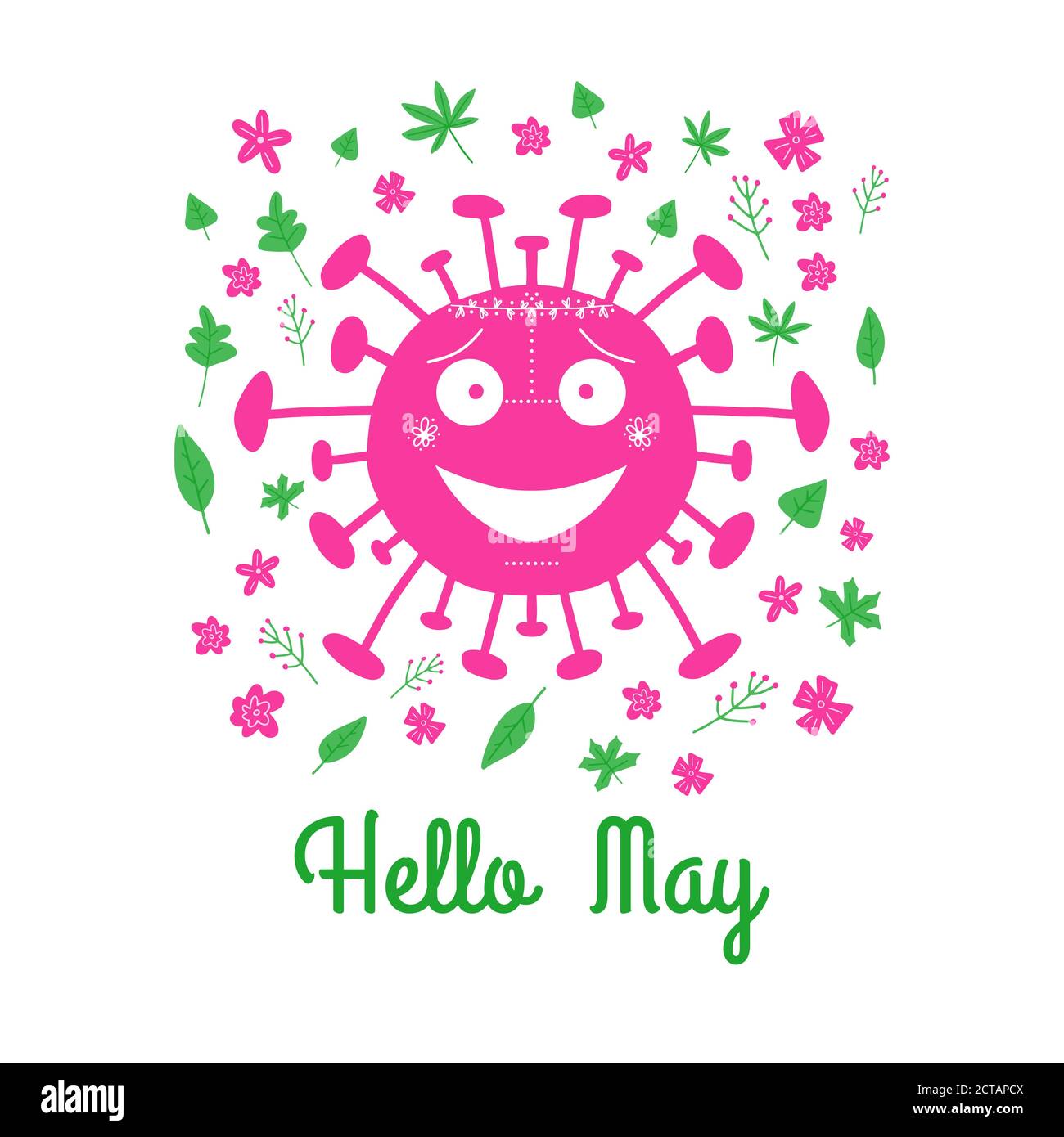 Hallo Mai. Pink Cartoon Coronavirus Bakterien mit grünen Blättern und Frühlingsblumen. Isoliert auf weißem Hintergrund. Vektorgrafik. Stock Vektor