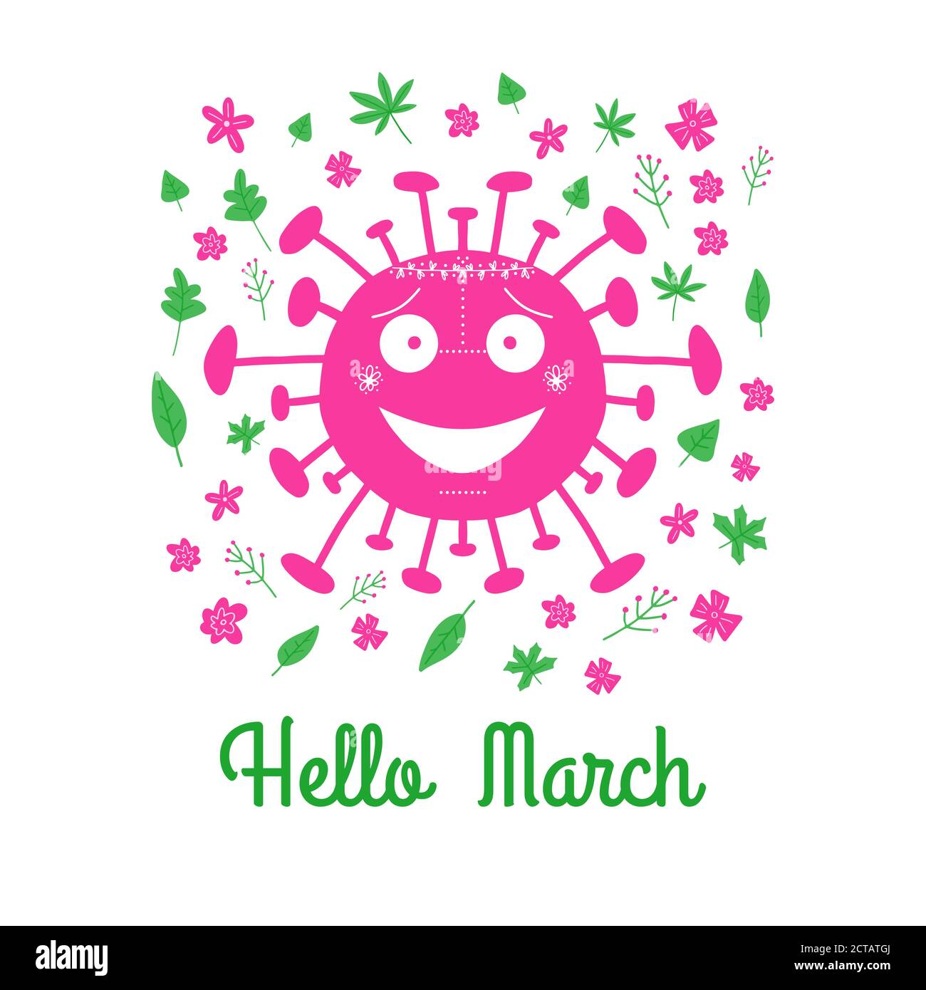 Hallo März. Pink Cartoon Coronavirus Bakterien mit grünen Blättern und Frühlingsblumen. Isoliert auf weißem Hintergrund. Vektorgrafik. Stock Vektor