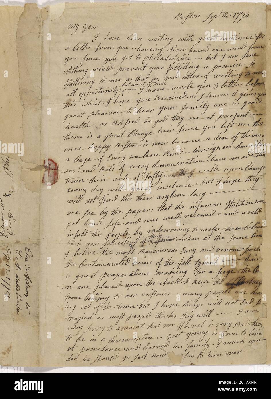 Brief von Joseph Warren, Text, Korrespondenz, 1774 Stockfoto