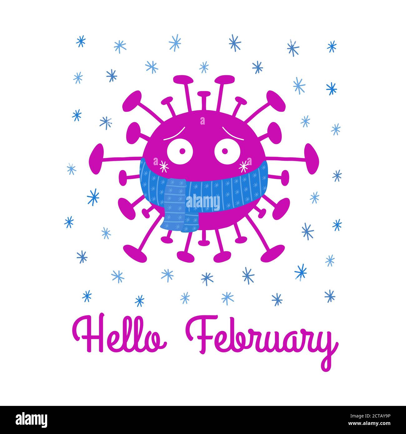Hallo Februar. Cartoon Coronavirus Bakterien in blauen Schal mit Schneeflocken. Isoliert auf weißem Hintergrund. Vektorgrafik. Stock Vektor