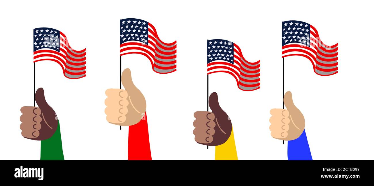 Amerikanische Flaggen auf weißem Hintergrund. USA patriotische Illustration. USA Flagge in der Hand. Wahltag Stockfoto